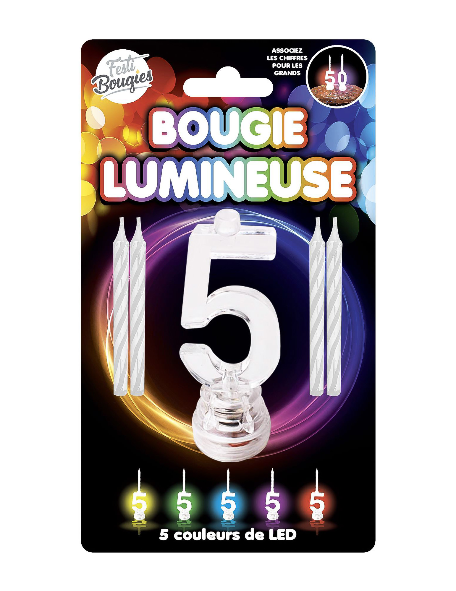 LED-Kerze Zahl 5 Kuchendeko 4 Stück bunt