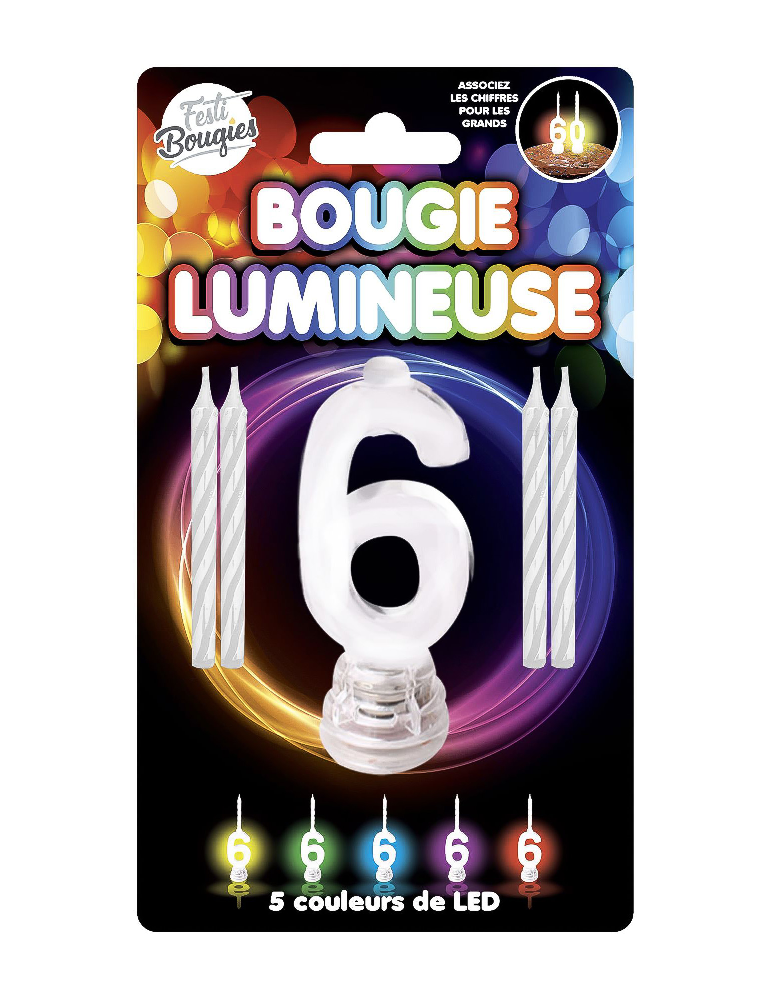 LED-Kerze Zahl 6 Kuchendeko bunt