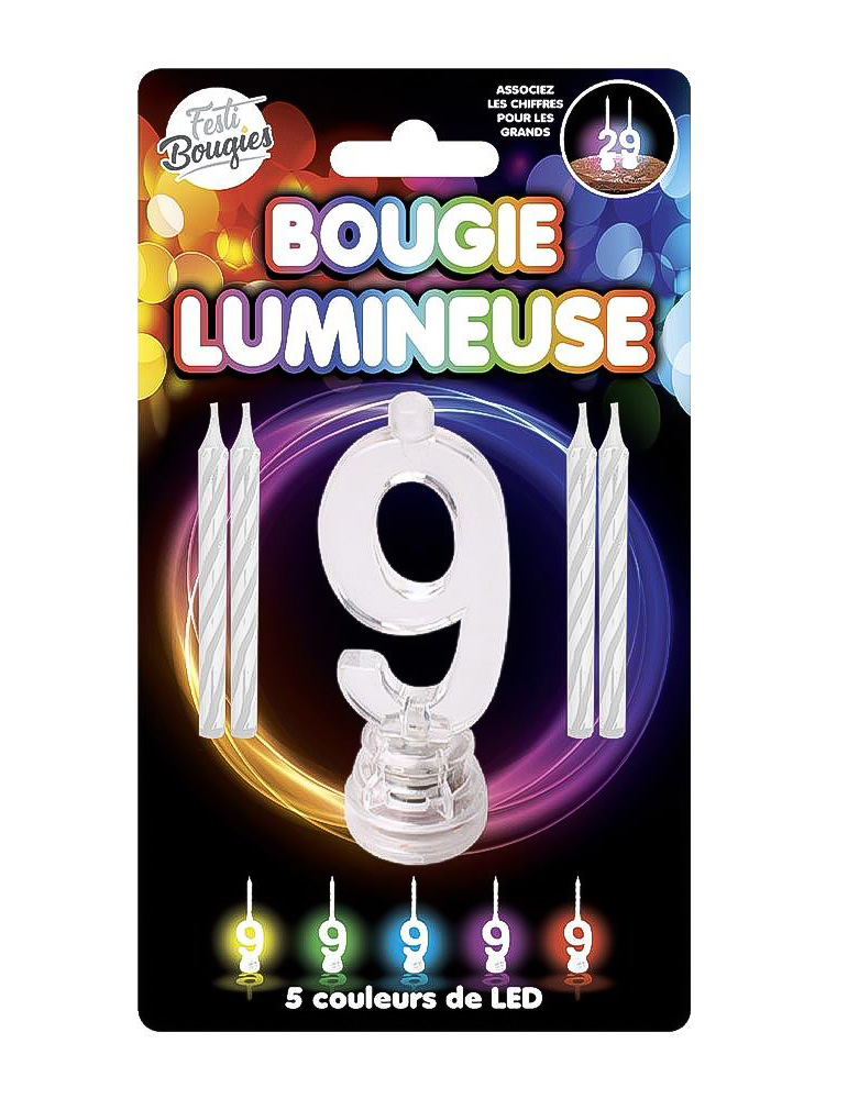 LED-Kerze Zahl 9 Kuchendeko bunt