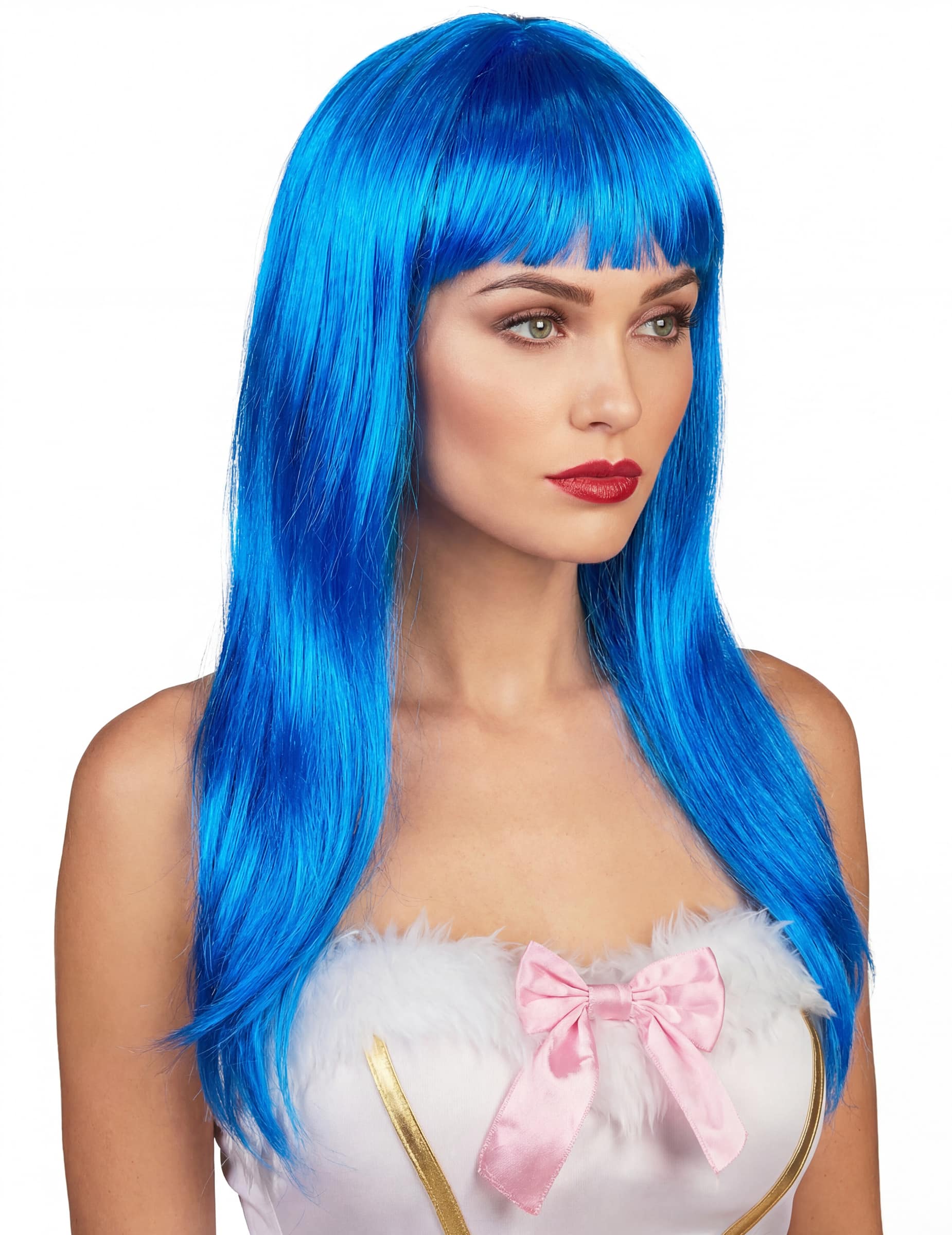 Langhaar-Frauenperücke mit Pony gewellt blau
