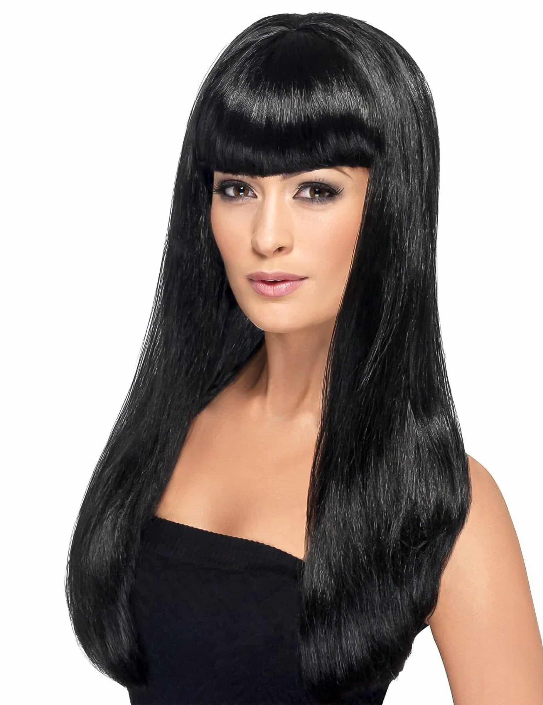 Langhaar-Perücke glatt mit Pony schwarz