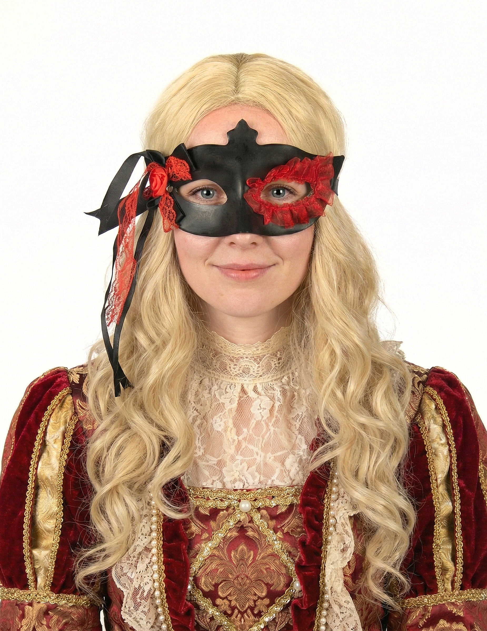 Maske mit Spitze und Rose schwarz-rot