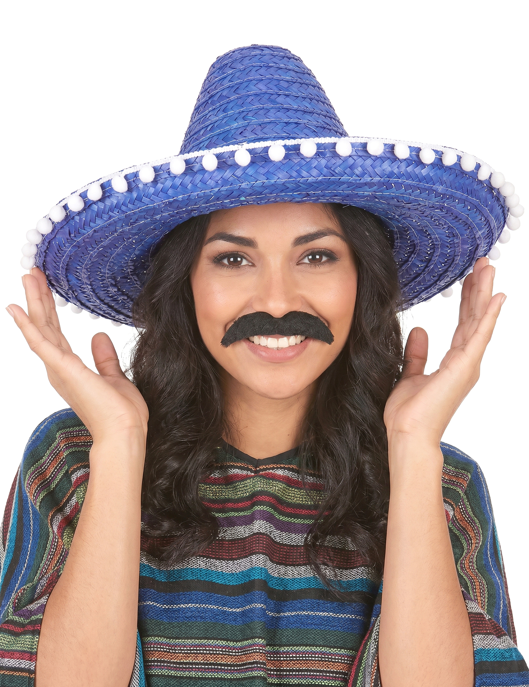 Mexikanischer Sombrero Hut mit Bommel blau