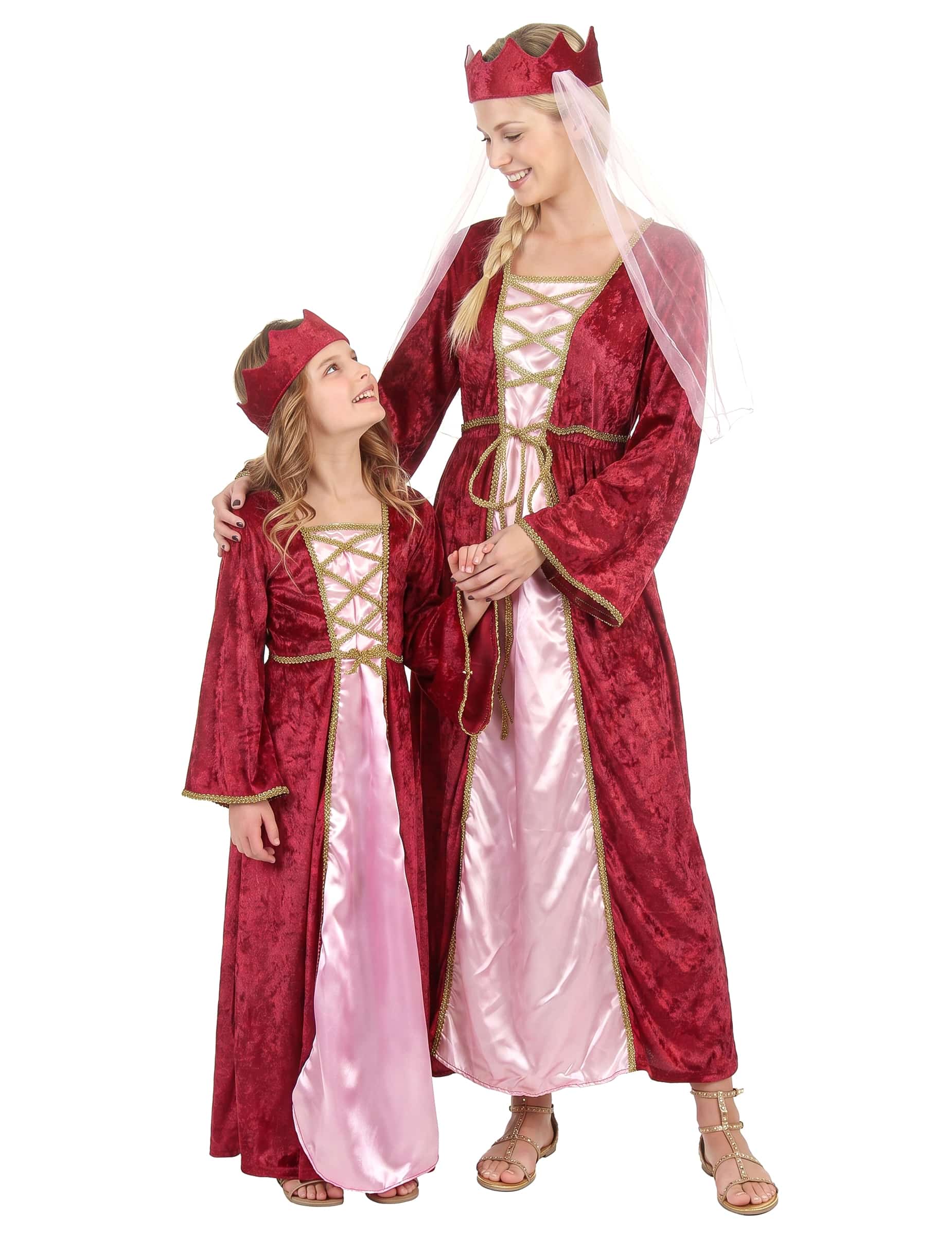 Mittelalterkönigin Paarkostüm für Mutter und Tochter Karneval rot-rosa