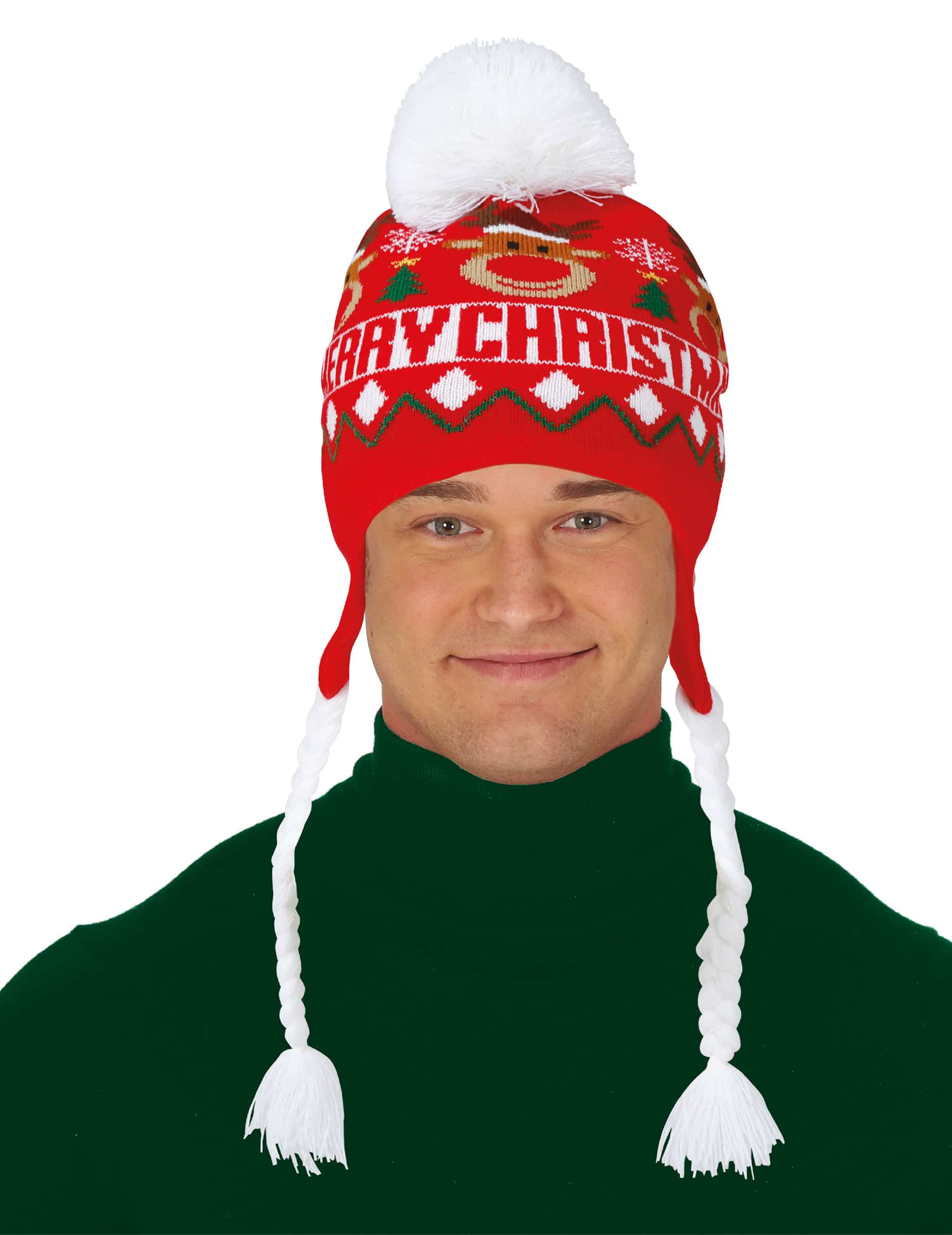 Mütze Merry Christmas mit Bommel Rot