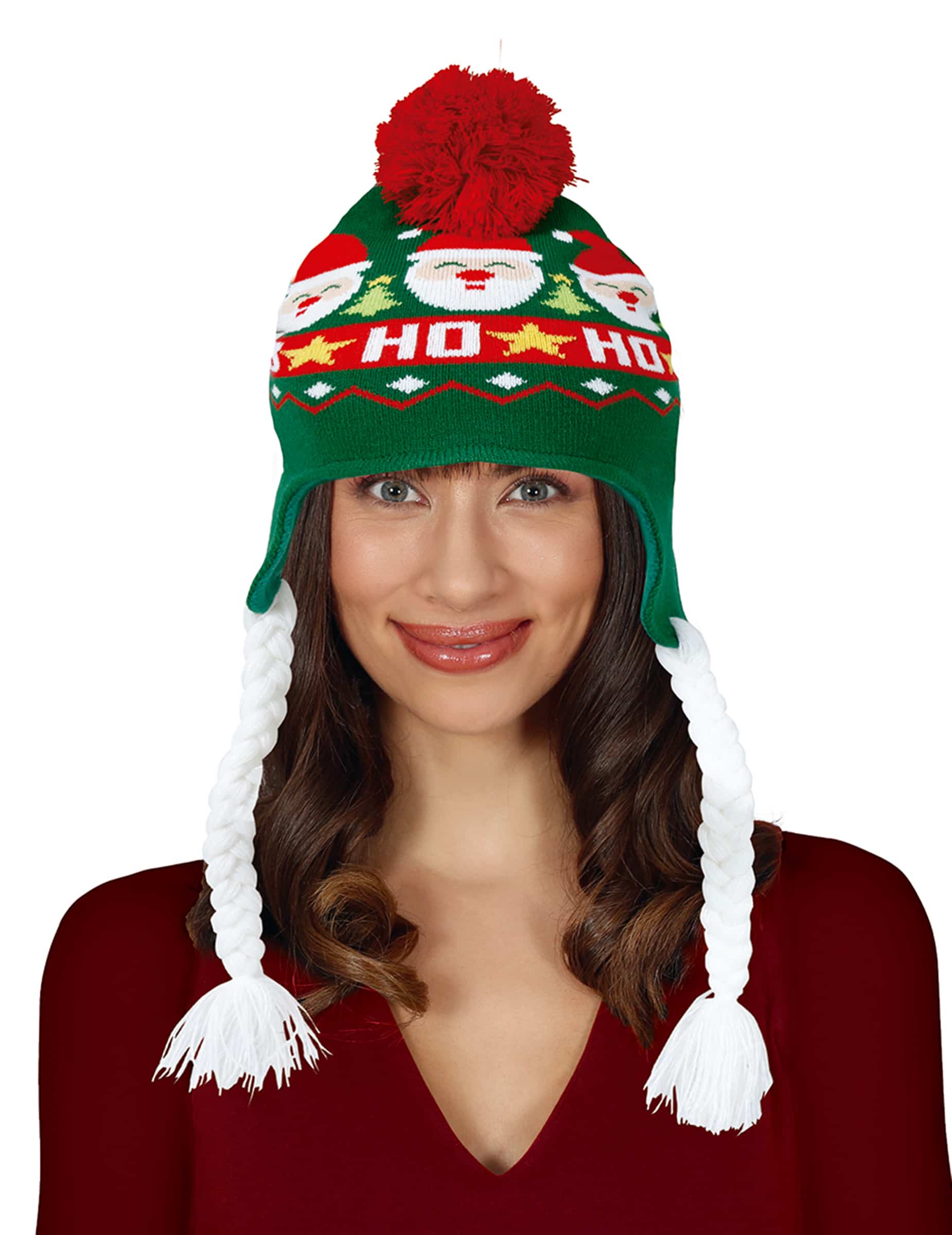 Mütze mit Bommel für Weihnachten Grün Rot