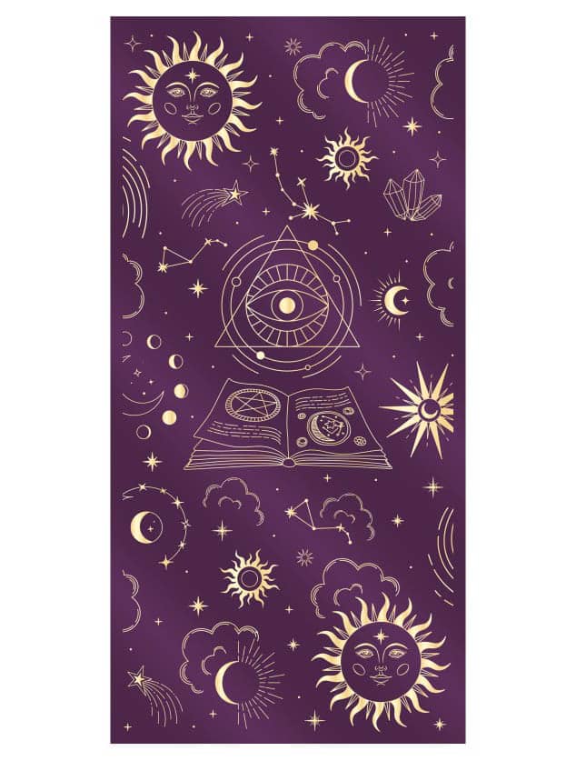 Mystischer Tischläufer aus violettem Samt und goldenen Motiven