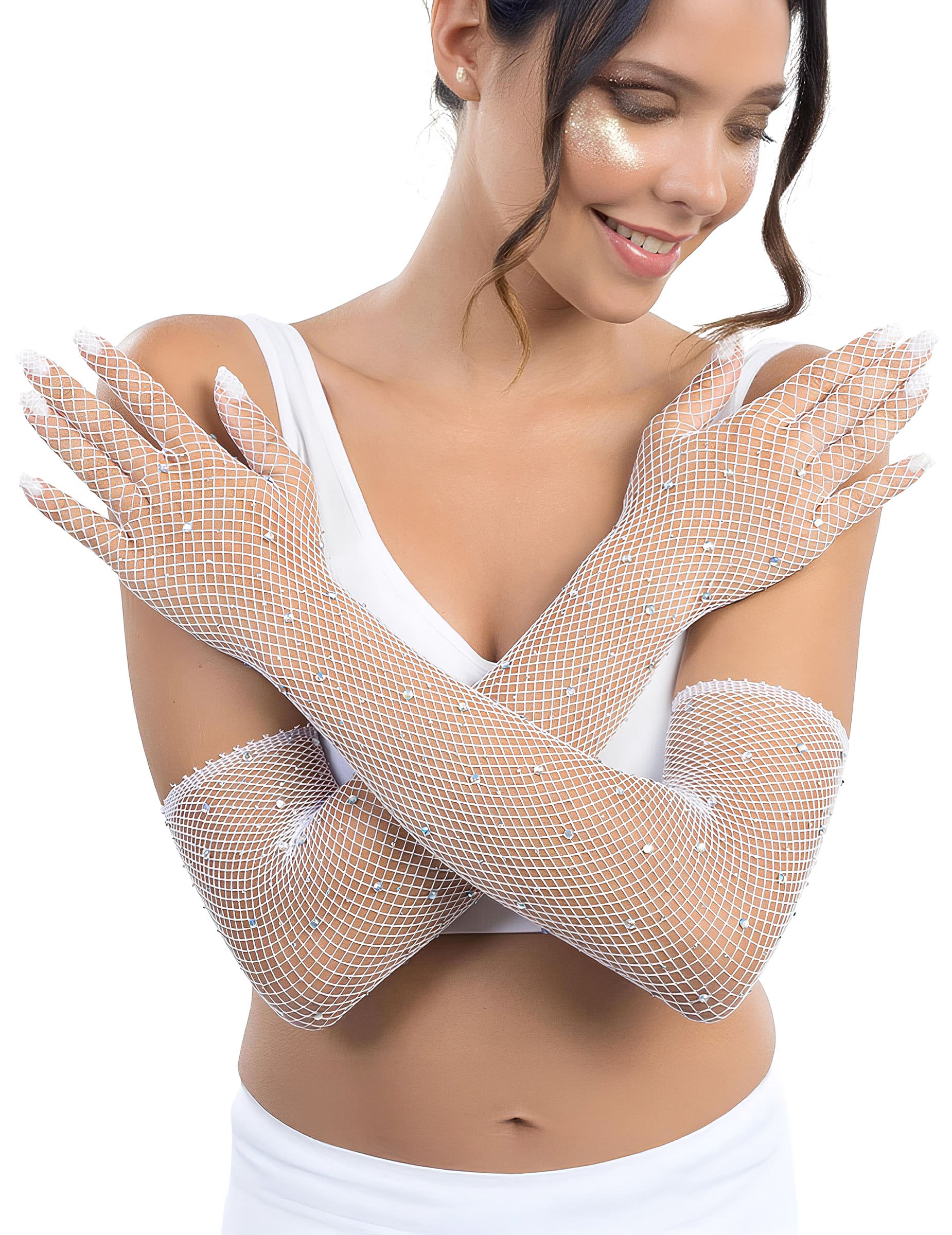 Netzhandschuhe Lang Weiß Strass für Erwachsene
