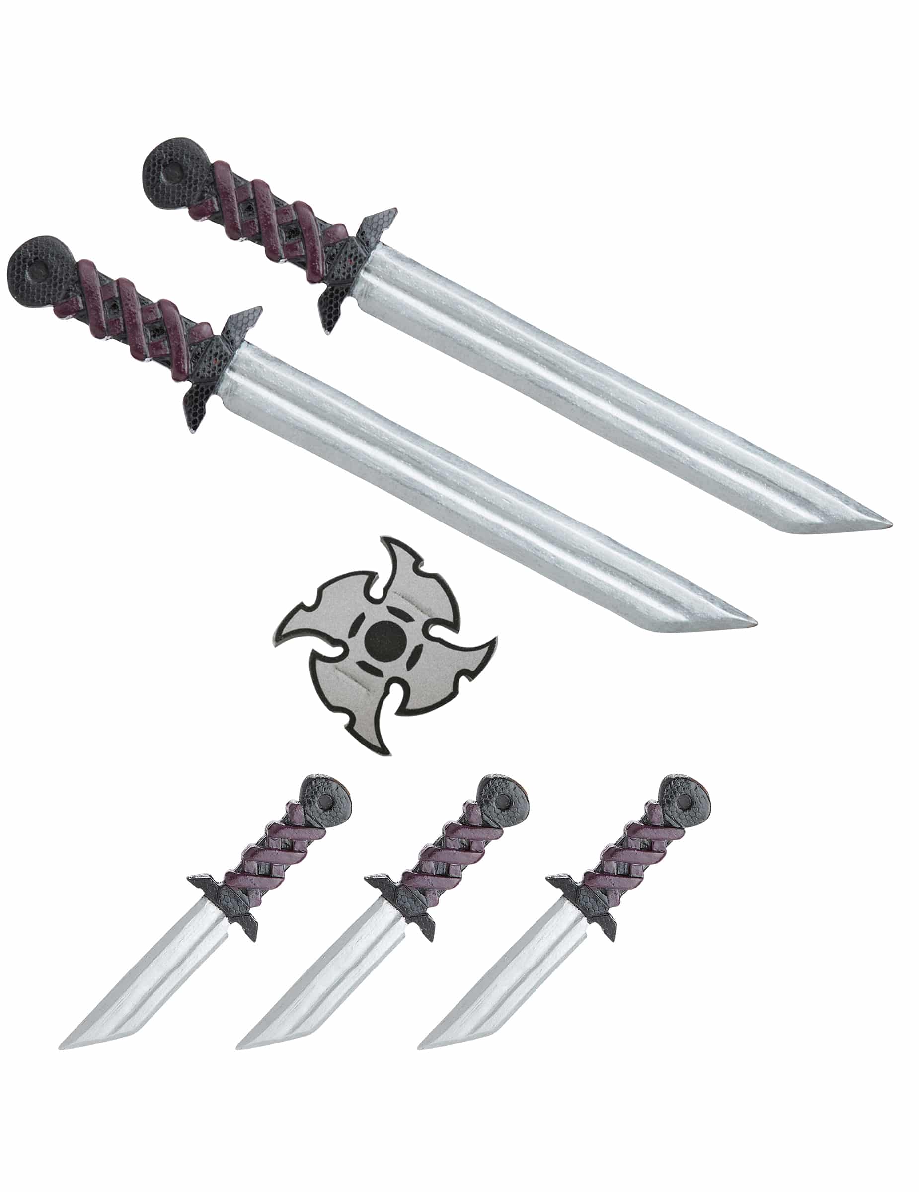 Ninja Waffen Set Kostümzubehör 7-teilig schwarz-rot-silber