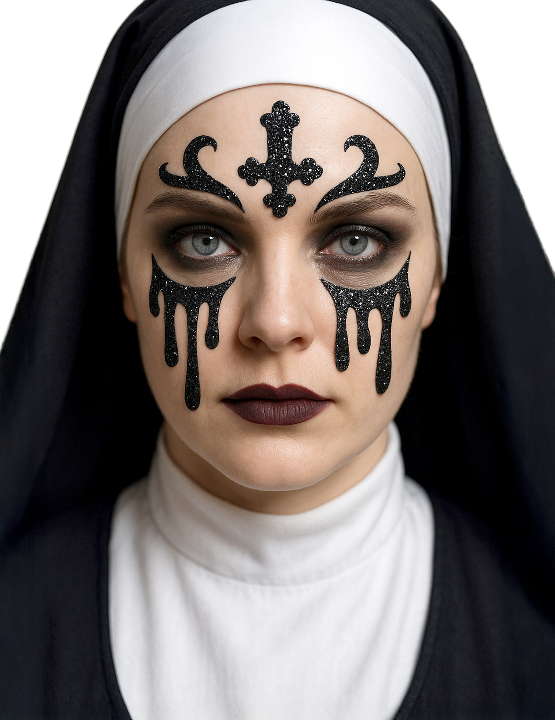 Nonnen-Tattoos selbstklebend Make-Up Kostümaccessoire schwarz-glitzer