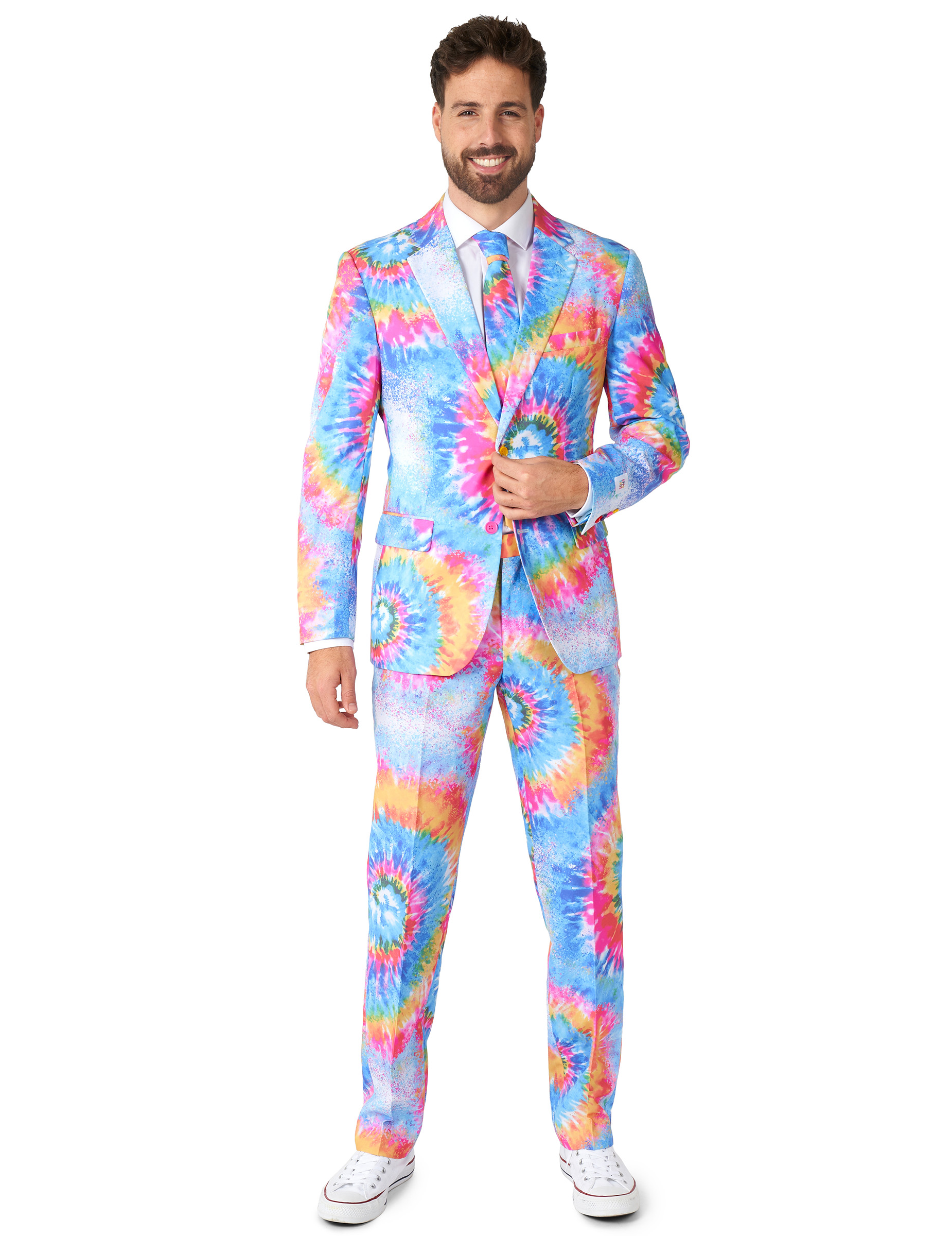 Opposuits Mr. Tie-Dye Hippiekostüm für Erwachsene blau-gelb-rosa