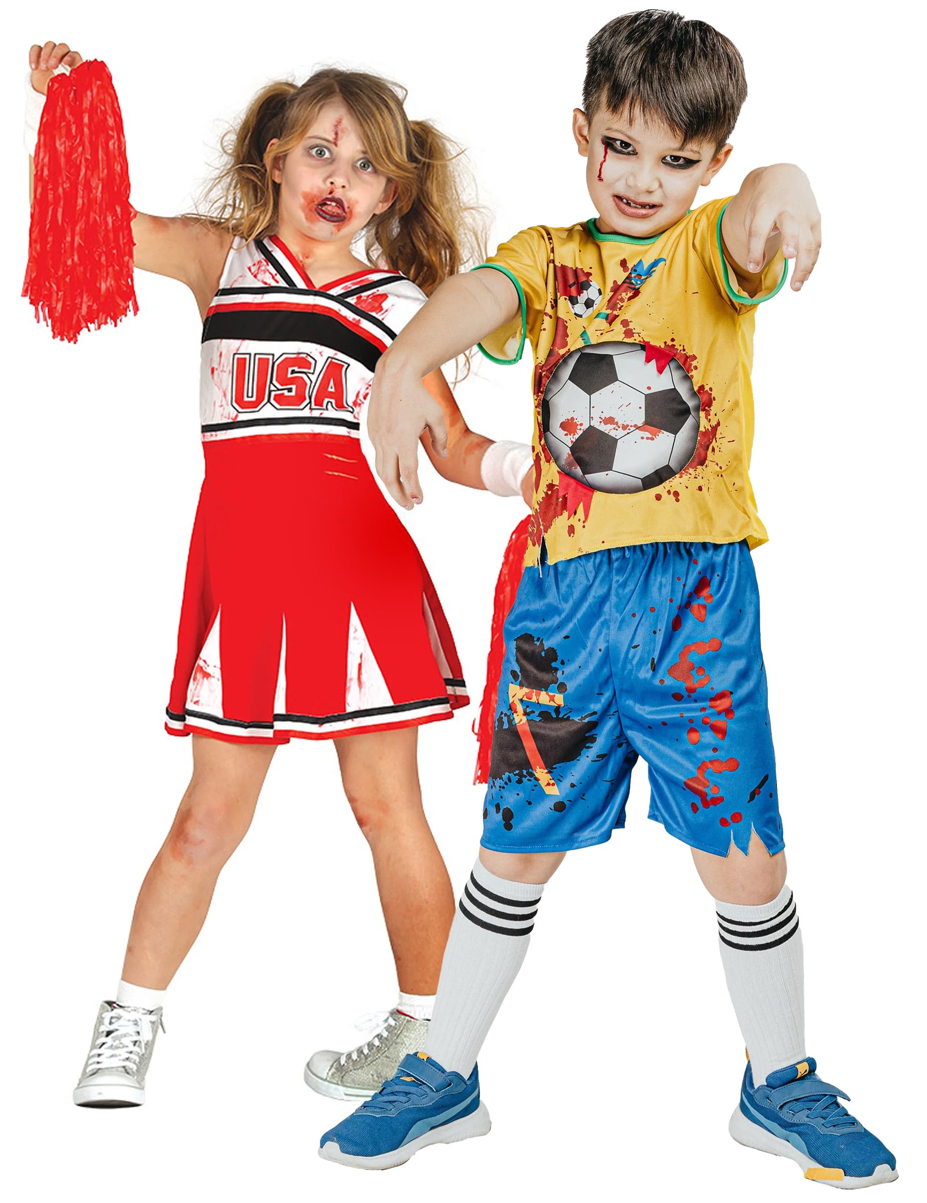 Paarkostüm Zombie Cheerleaderin und Zombie Fußballer für Kinder