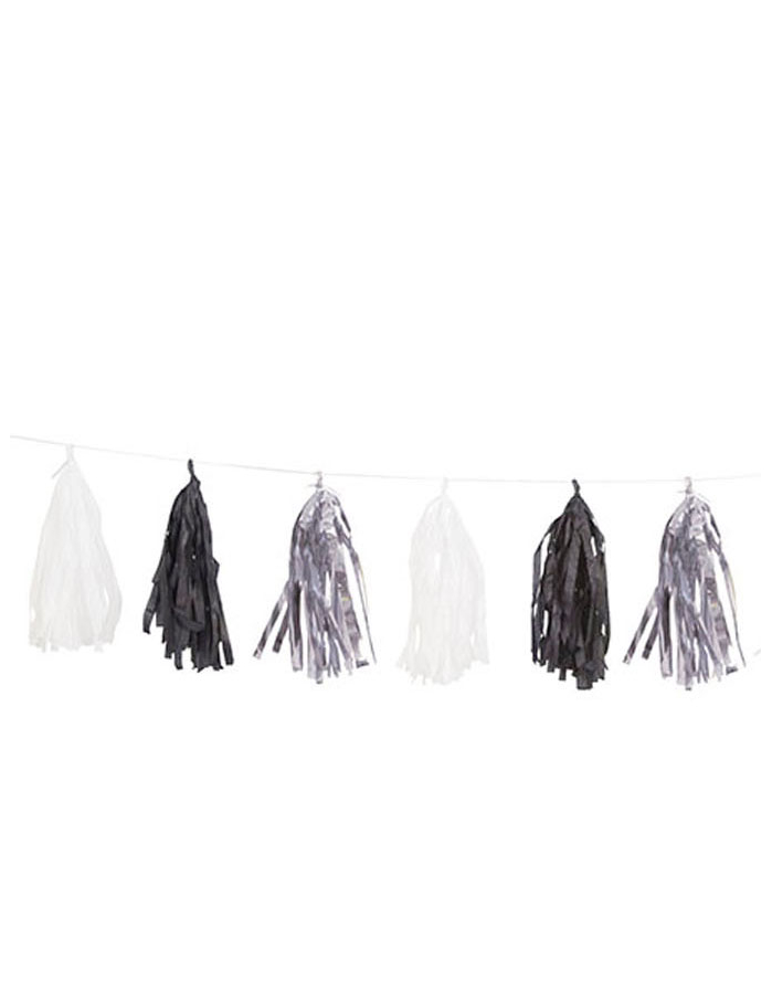 Partygirlande mit Pompons schwarz-weiss-silber 2
