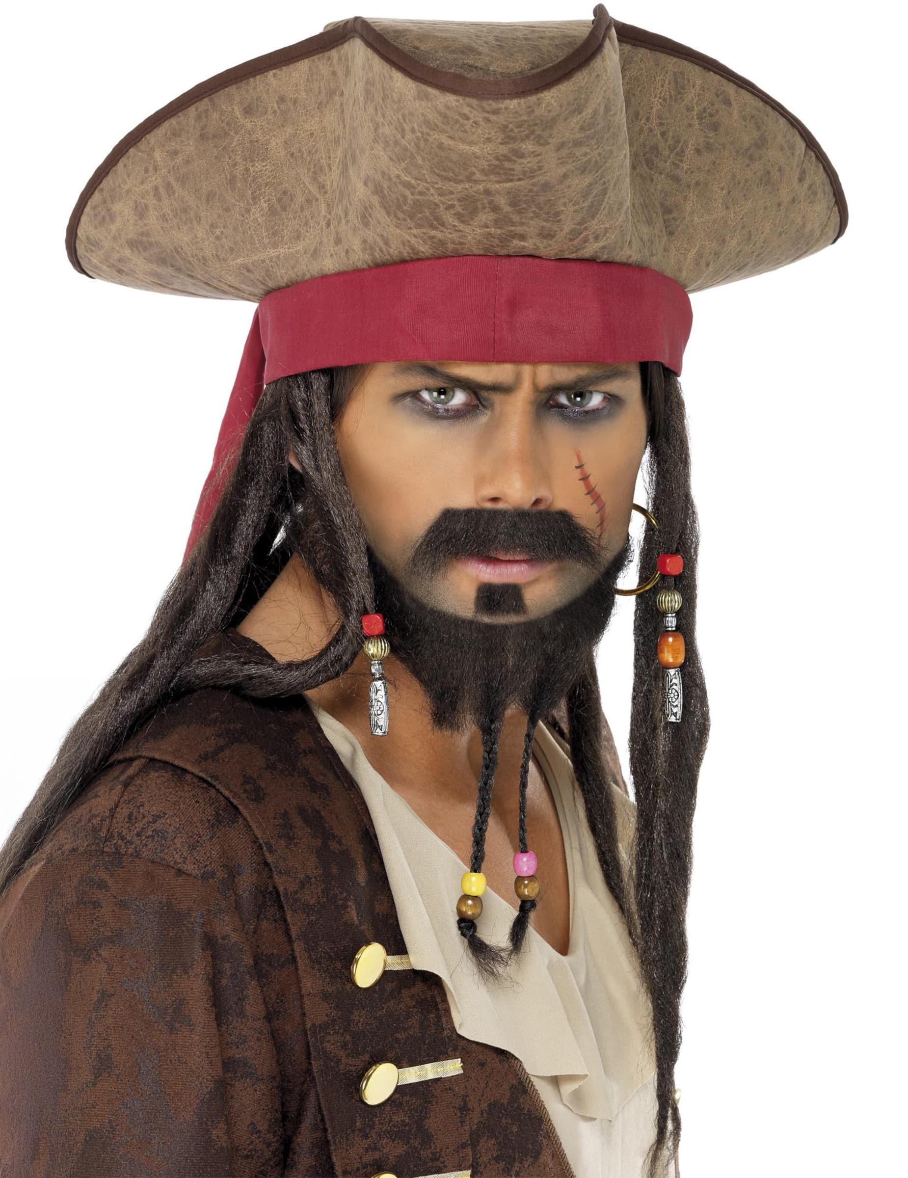 Piratenhut mit Dreadlocks und Kopfband braun-rot-schwarz