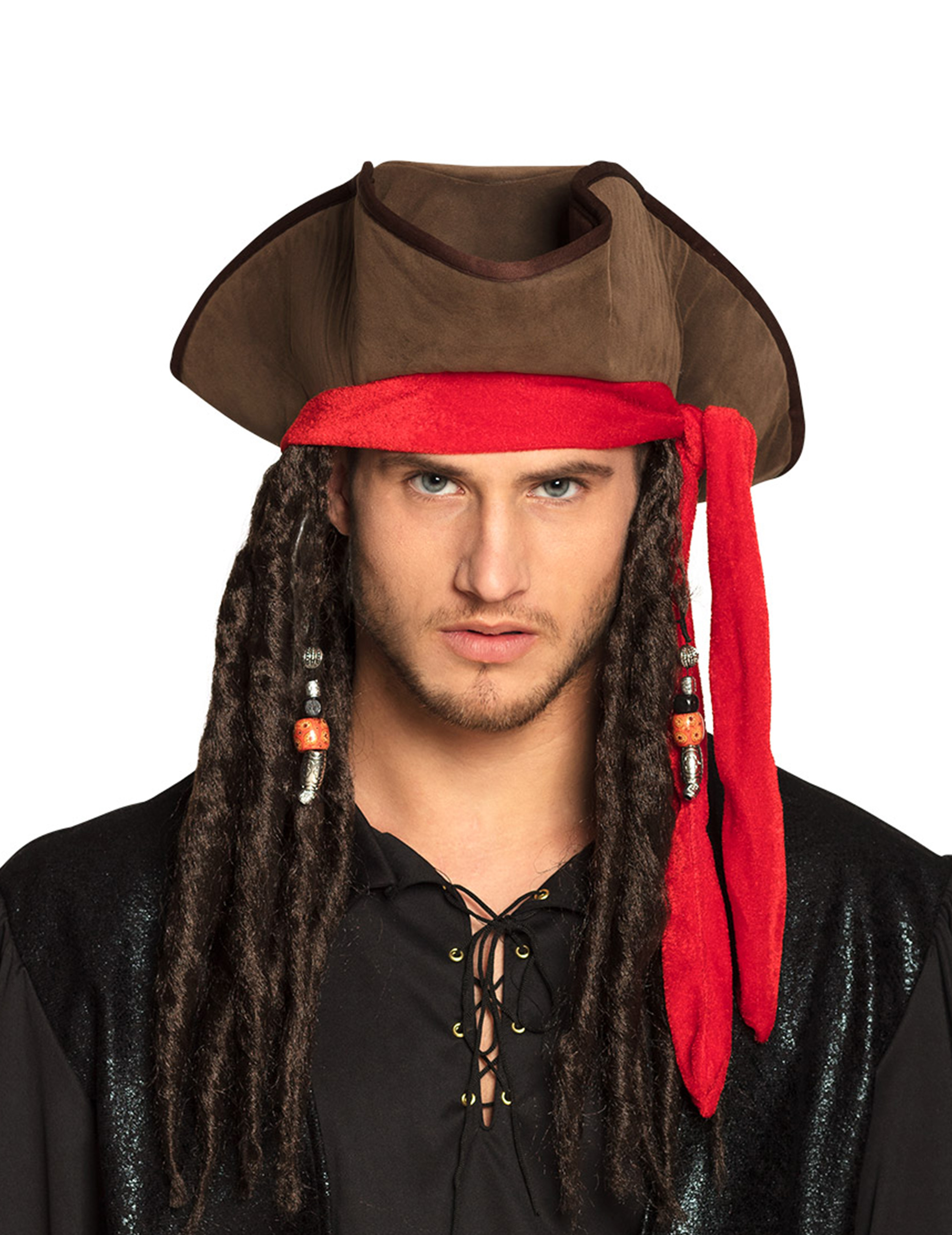 Piratenhut mit Perücke Kostüm-Accessoire braun
