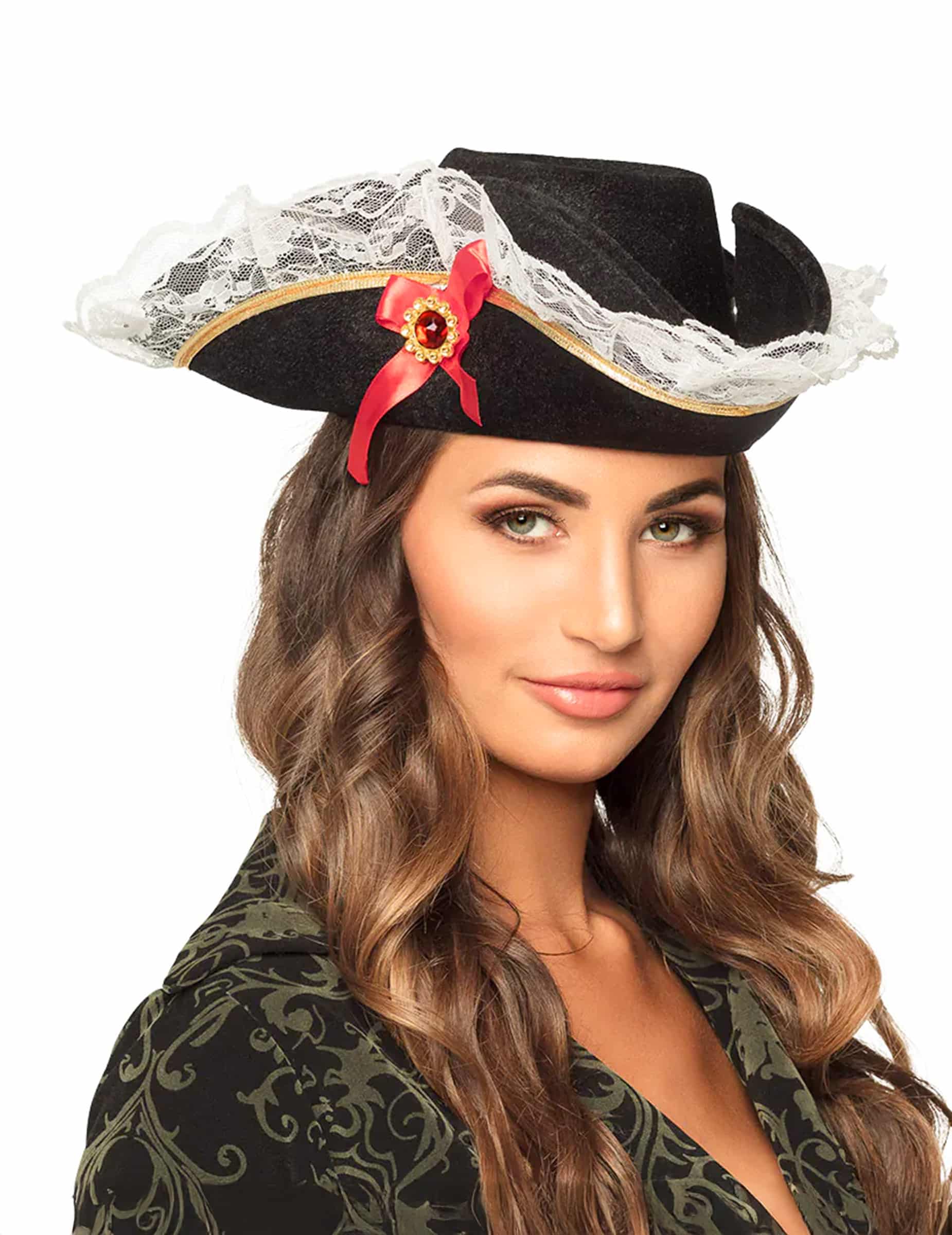 Piratenhut mit Spitze für Damen schwarz-weiß-rot