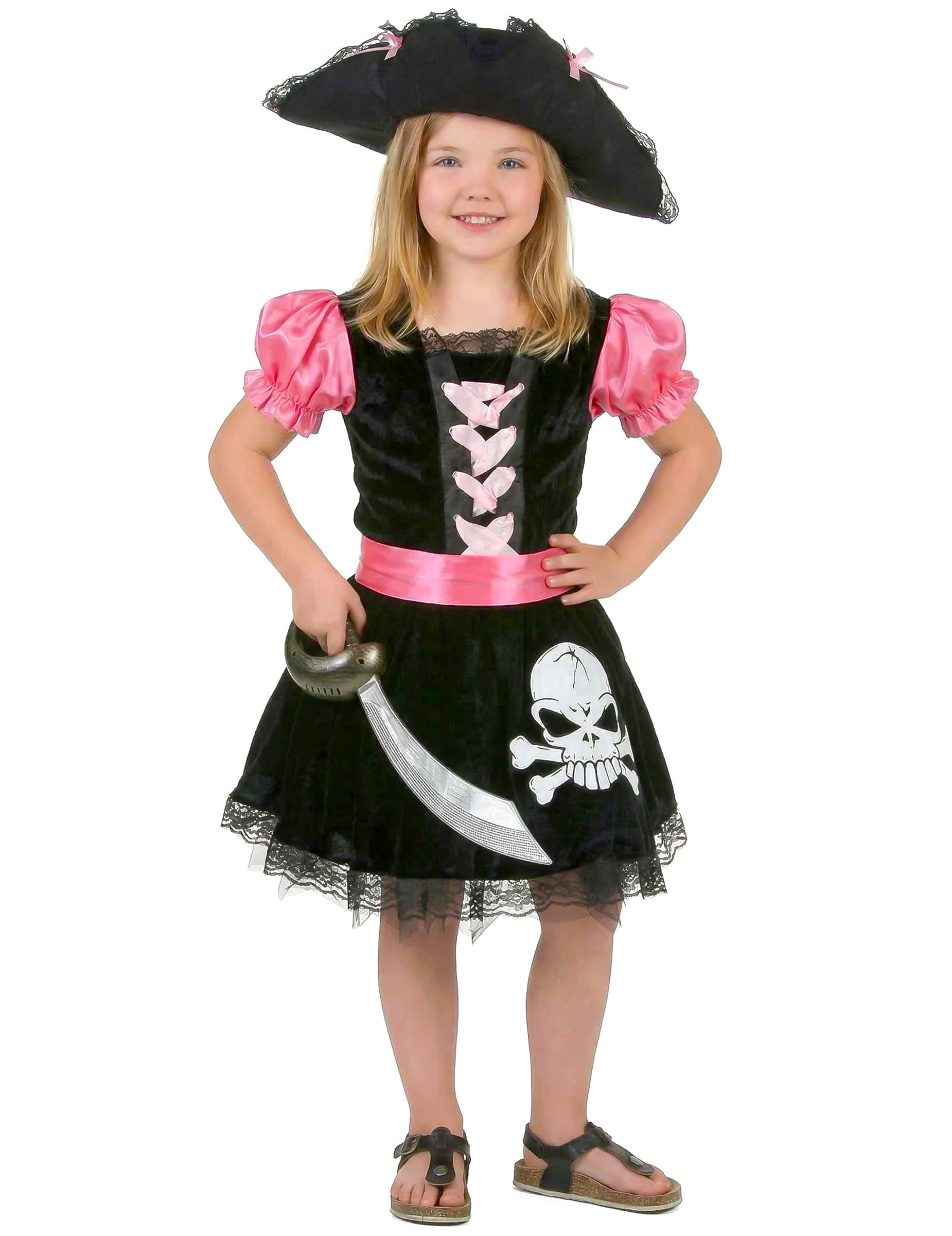Piratinnen-Mädchenkostüm Totenkopf schwarz-rosa
