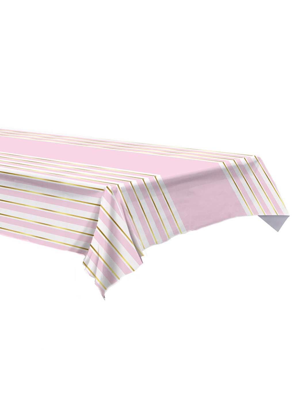 Plastik-Tischdecke gestreift rosa-weiß mit Gold 137 x 274 cm