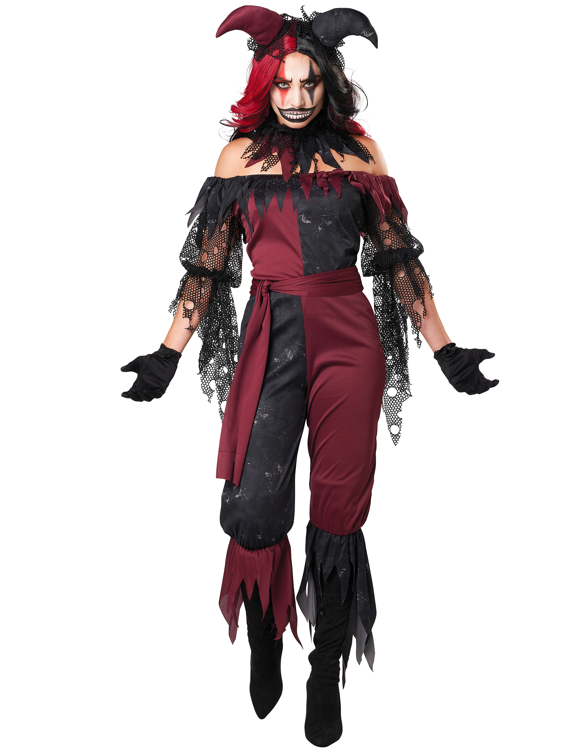 Psychoclown-Damenkostüm für Halloween schwarz-rot