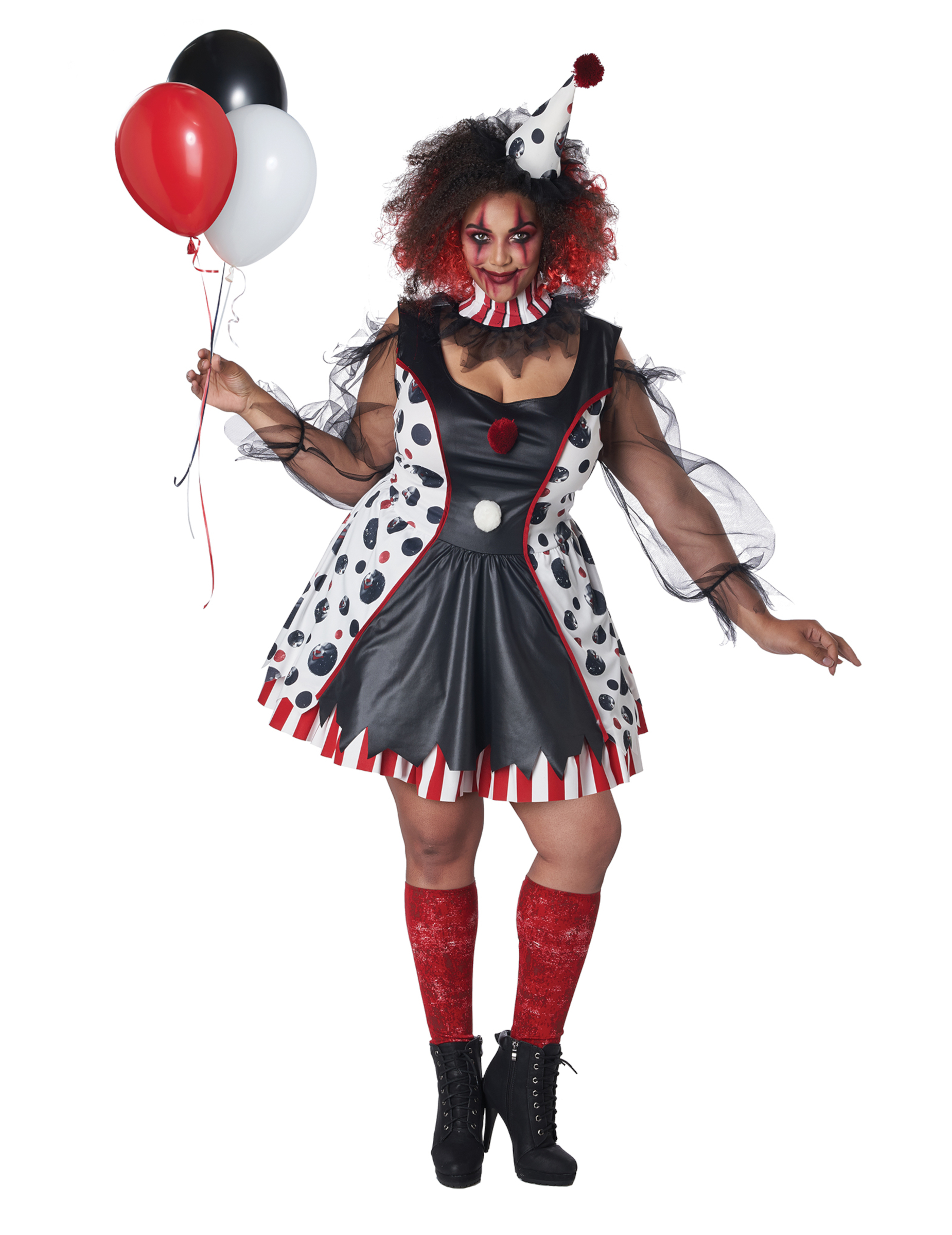 Psychoclown-Damenkostüm in Übergröße schwarz-weiß-rot