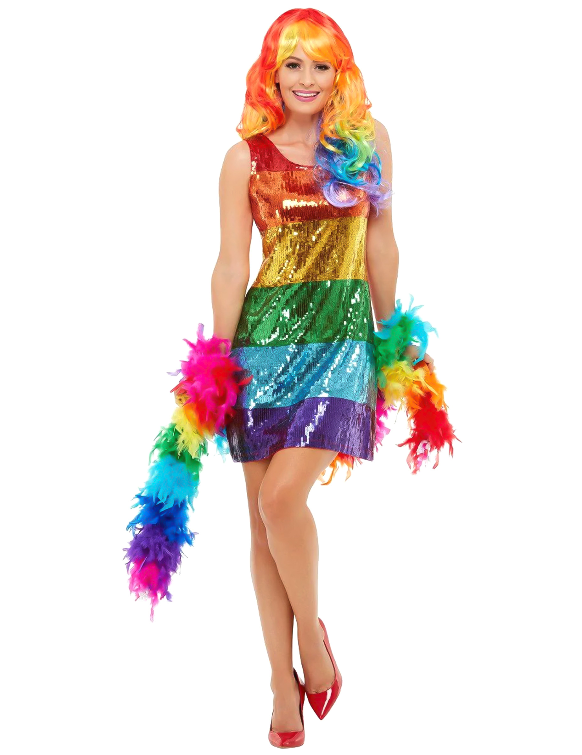 Regenbogen-Kostüm für Damen mit Pailletten Faschingskostüm bunt
