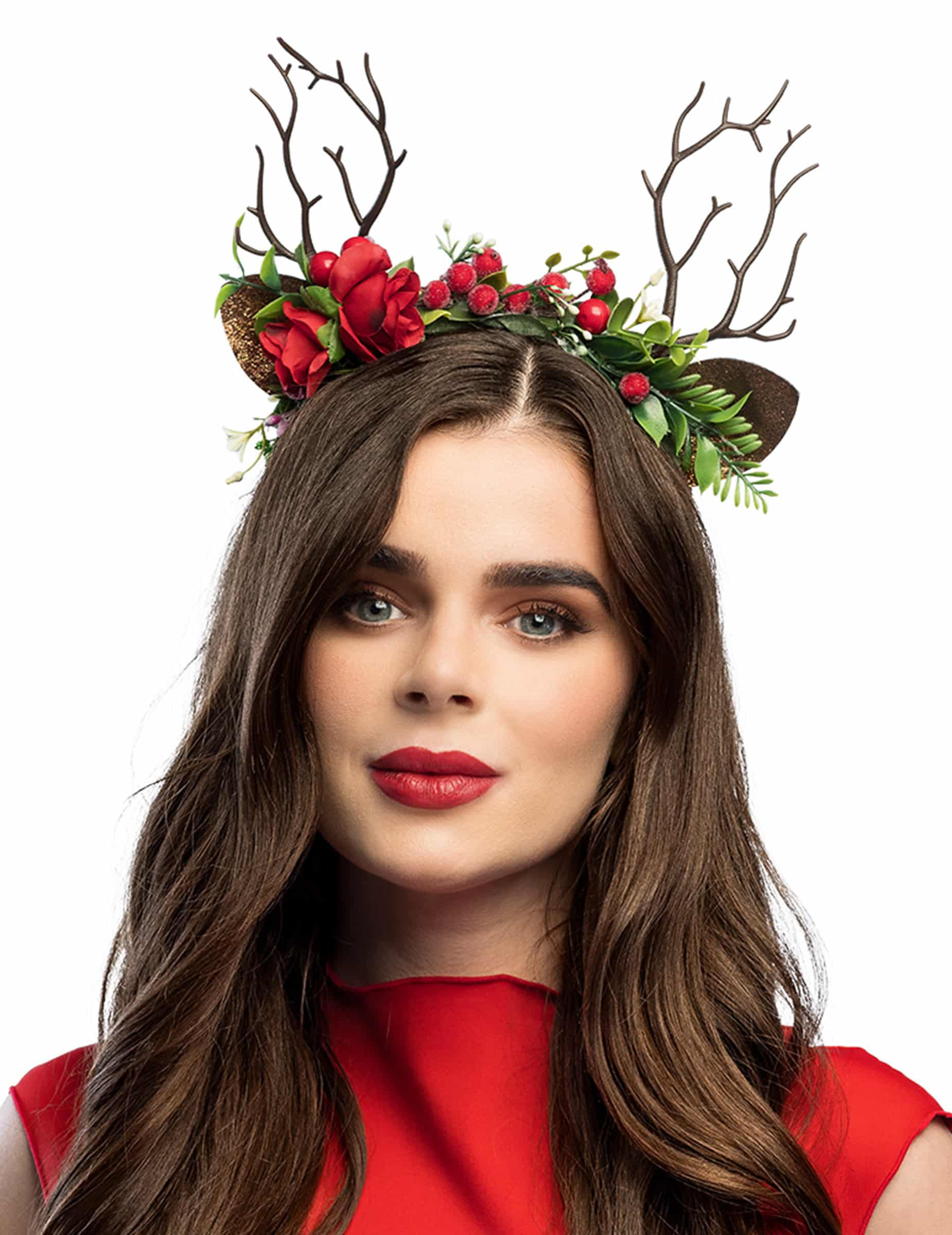 Rentiergeweih Haarreif mit Blumen Festliches Weihnachts Accessoire für Erwachsene