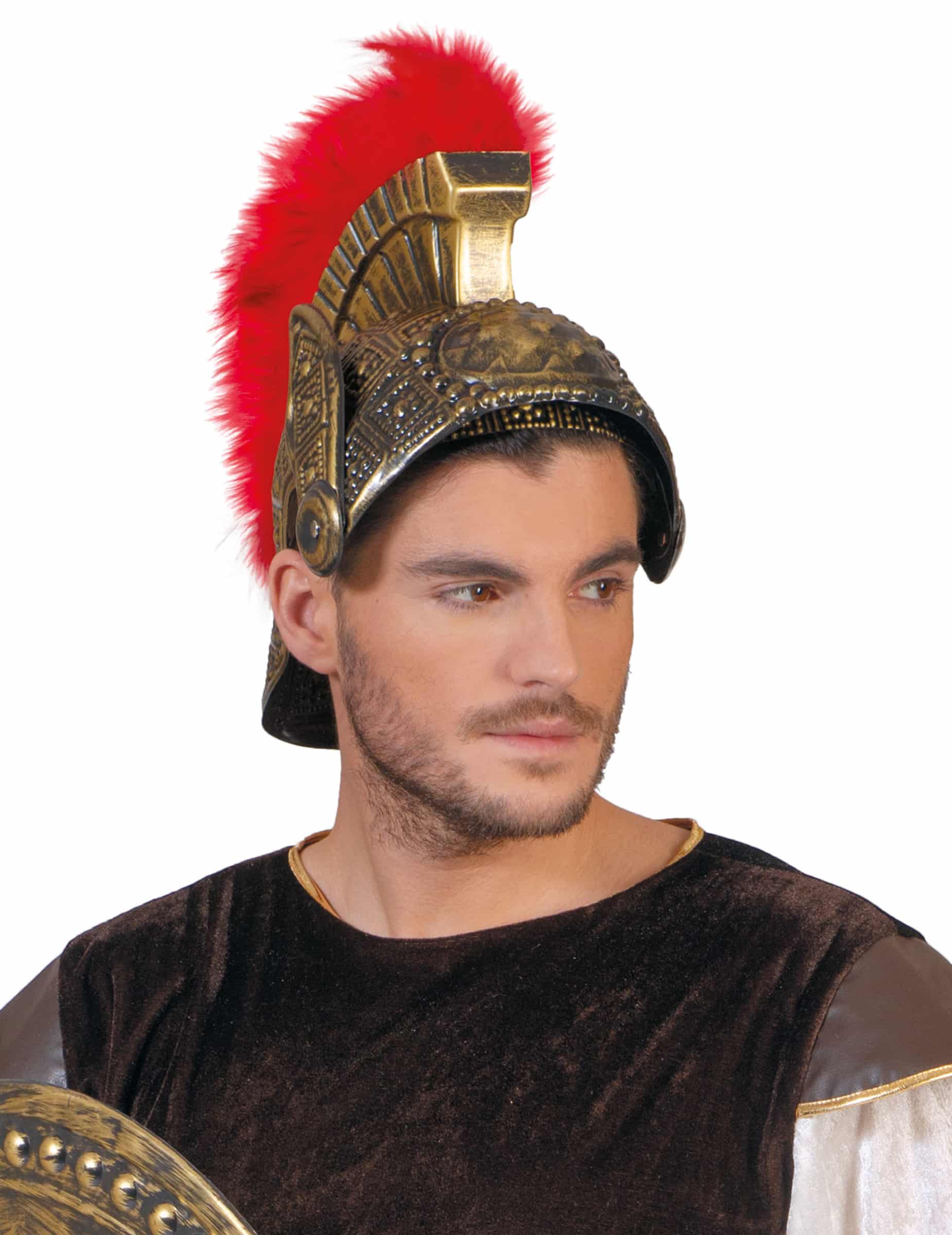 Römischer Gladiatorenhelm Legionärshelm mit Federkamm gold-rot