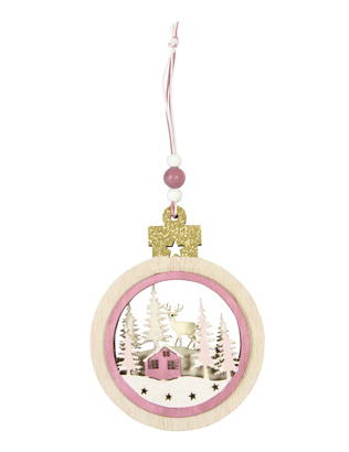Rosa Weihnachtsdorf Holzkugel-Anhänger rosafarben-weiß-goldfarben 11