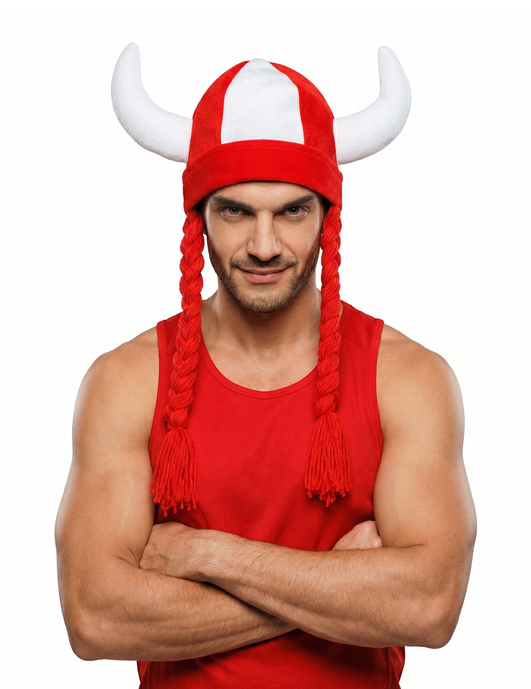 Rot Weiß Fan-Helm aus Stoff mit Hörnern und Zöpfen