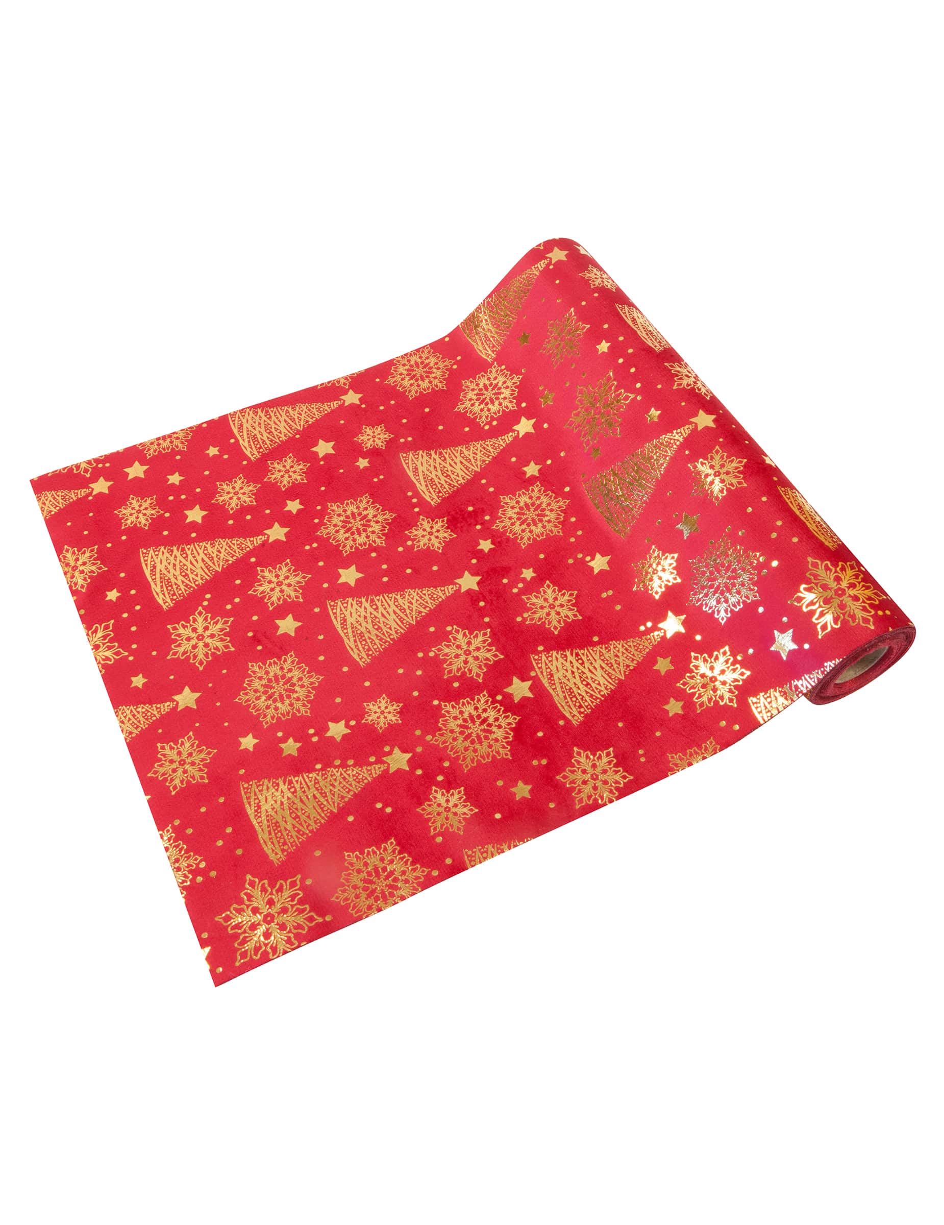 Roter Samt-Tischläufer goldene Tannenbäume 3m für Weihnachten