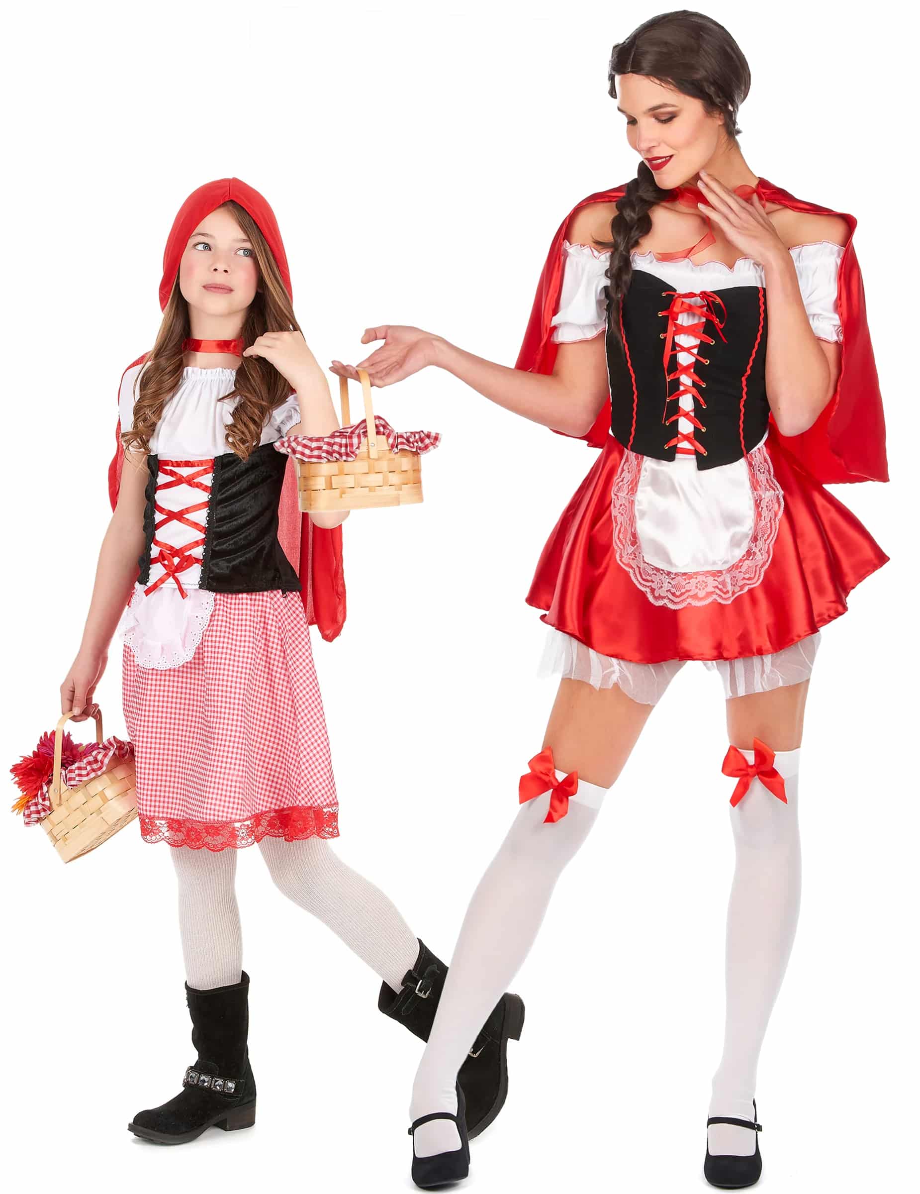 Rotkäppchen-Paarkostüm Mutter und Tochter Fasching rot-weiss-schwarz