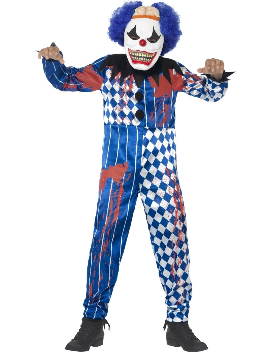 Schauriger Clown Halloween Kinderkostüm mit Maske weiss-blau-rot