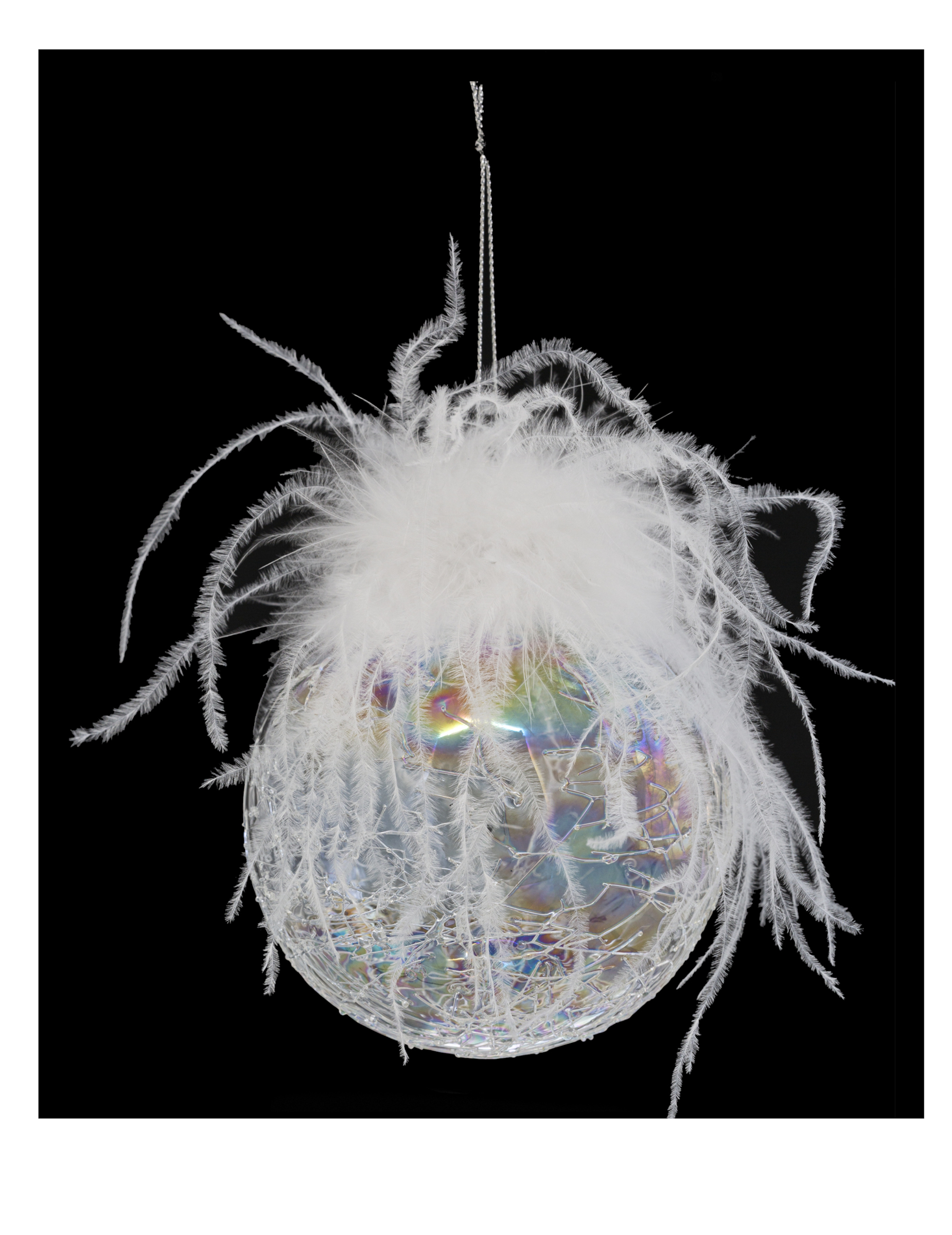 Schillernde Christbaumkugel mit Federn regenbogenfarben-weiß 10 cm