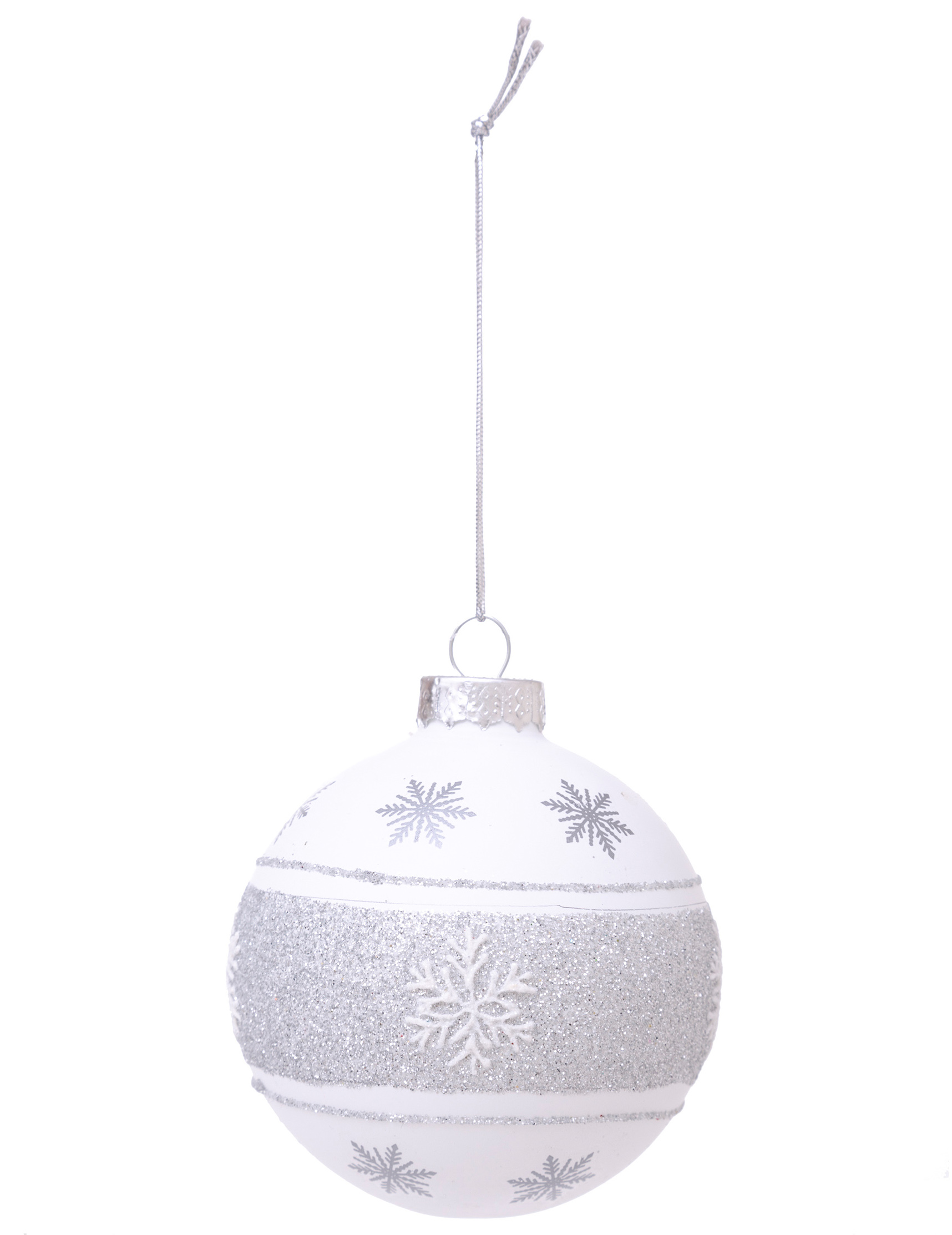 Schneeflocken Christbaum-Glaskugel silberfarben-weiß 7 cm