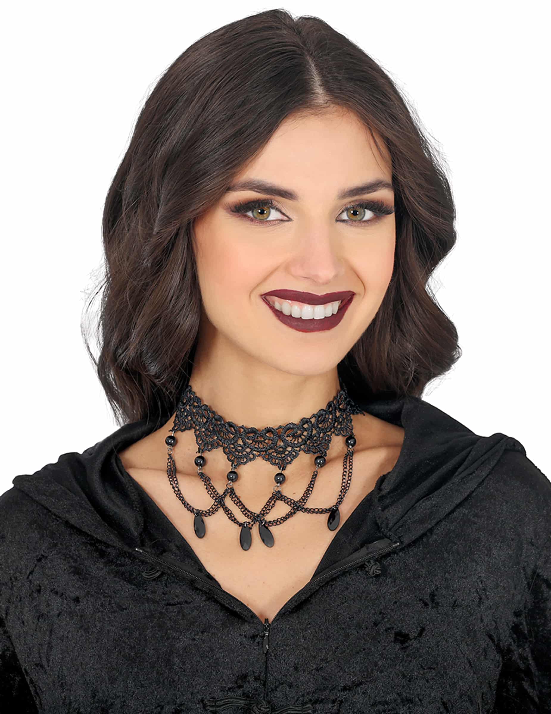 Schwarzer Neckholder mit Spitze und Ketten