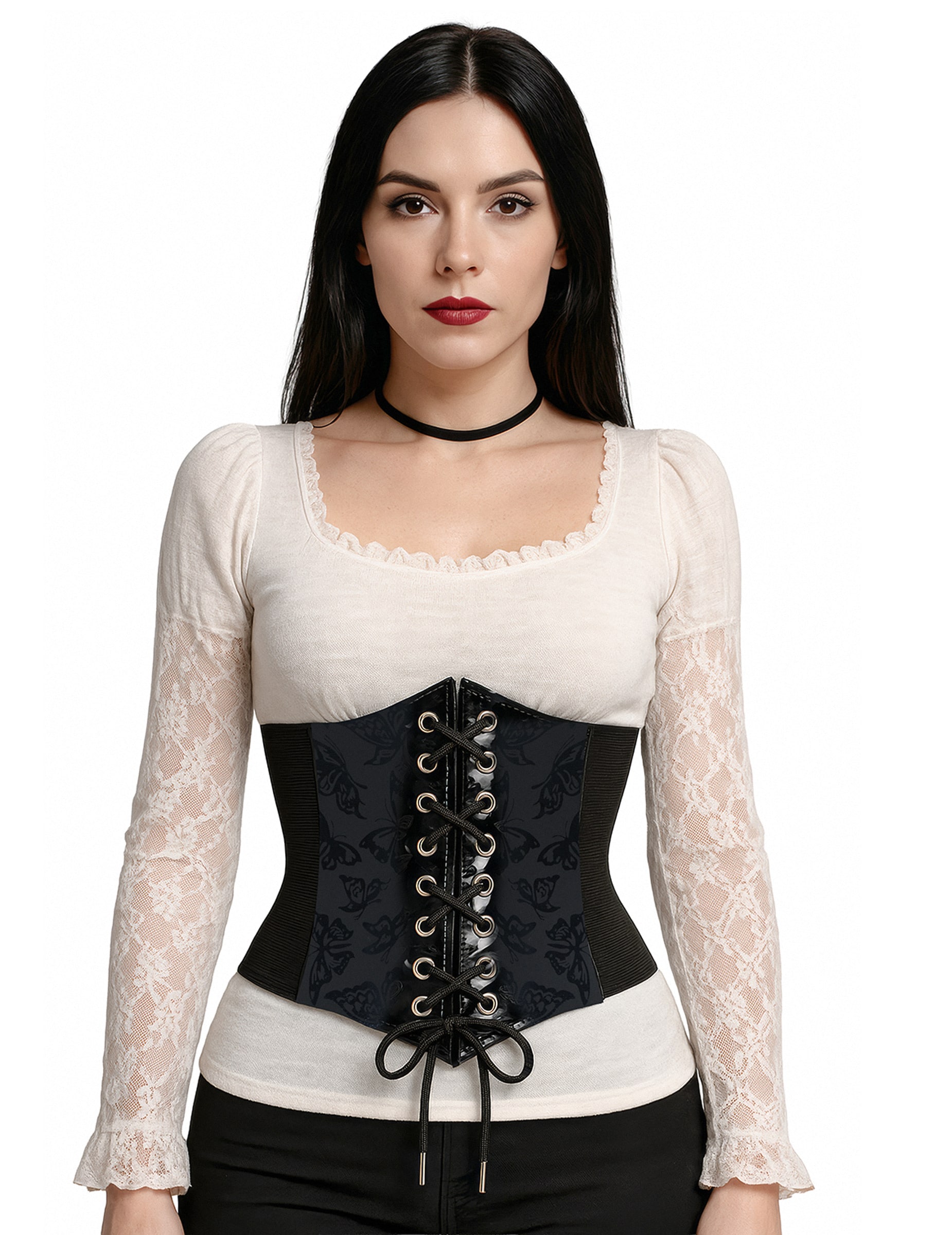 Schwarzes elastisches Korsett mit Schmetterlingsmotiv