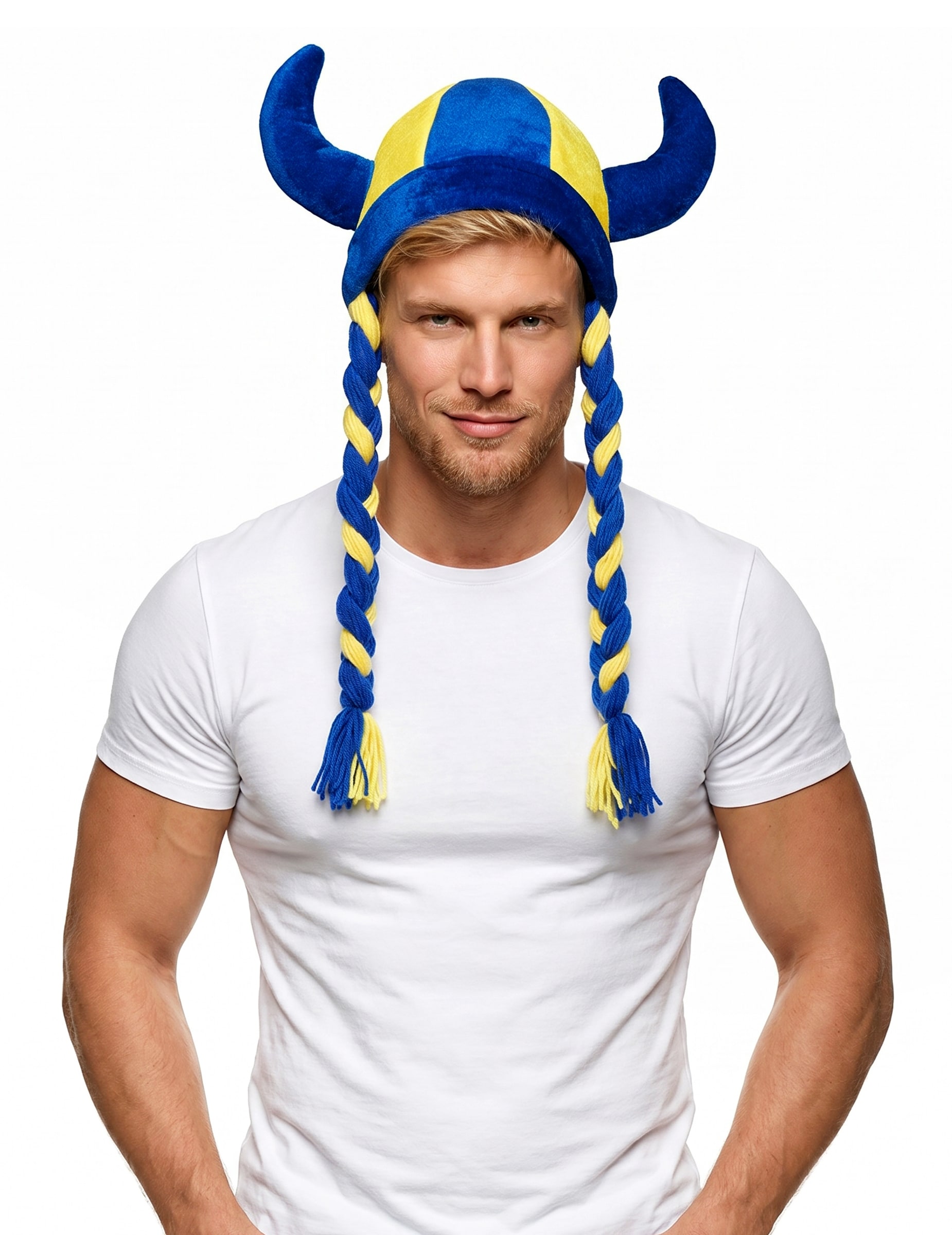 Schweden Fan-Helm aus Stoff mit Hörnern und Zöpfen Blau Gelb