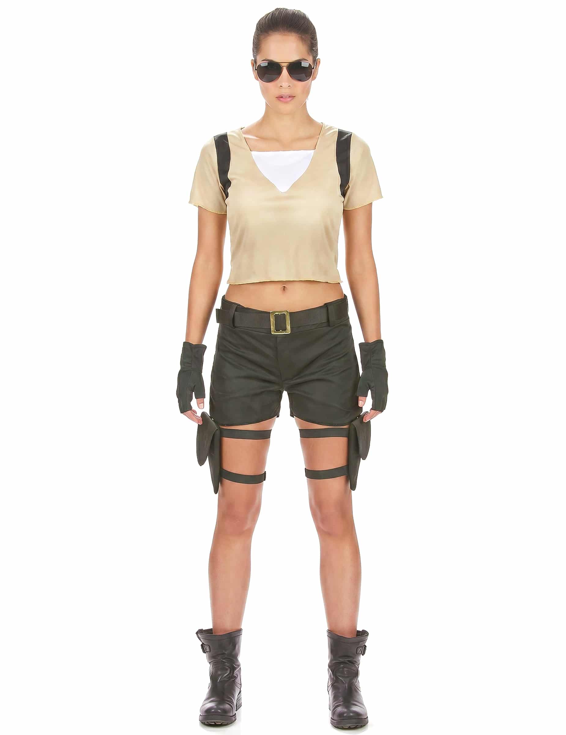 Sexy Soldatin Videospiel Damenkostüm beige-schwarz