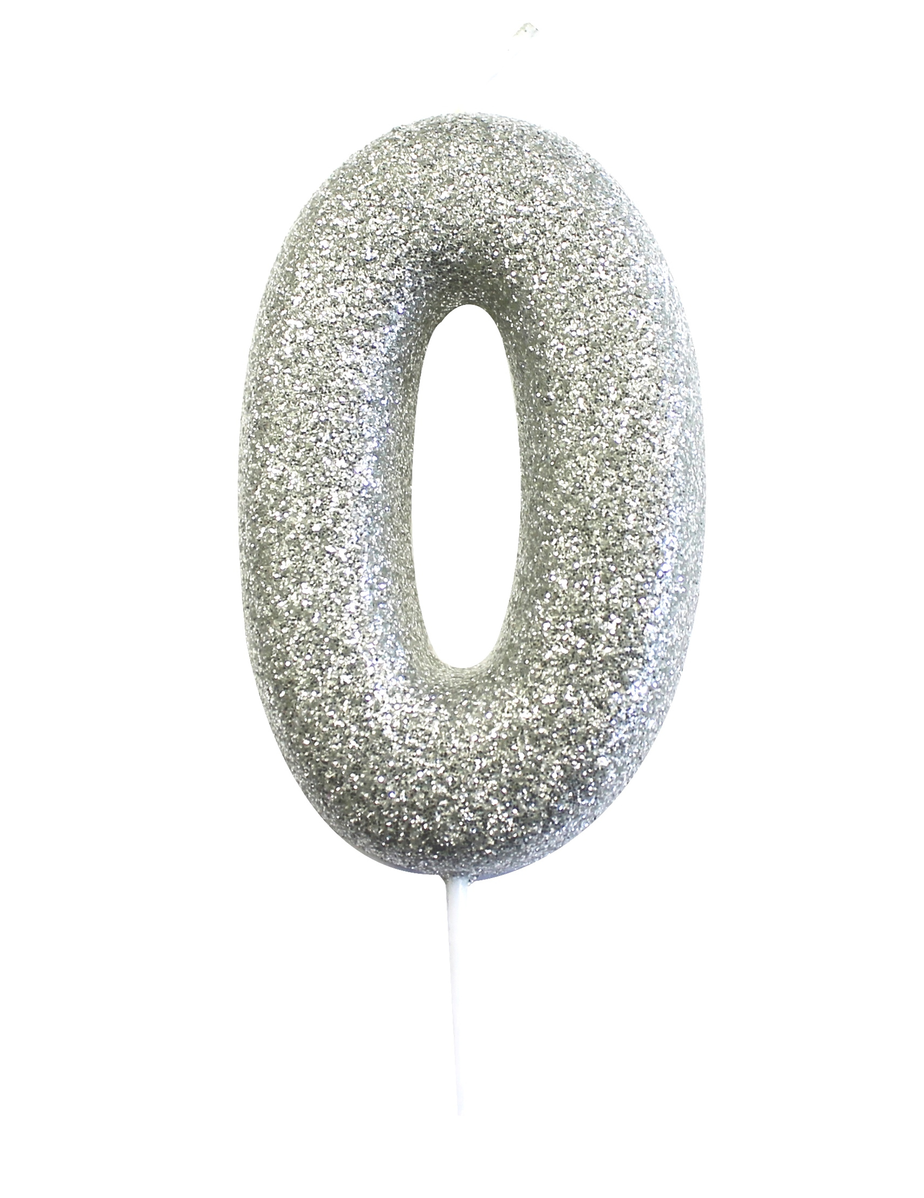 Silberne Glitzer-Zahlenkerze 0 auf Pick 7 cm für Kuchen