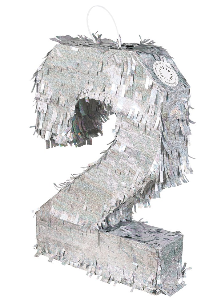 Silberne Hologramm-Piñata Zahl 2 - 40 x 28 x 8 cm zum Geburtstag