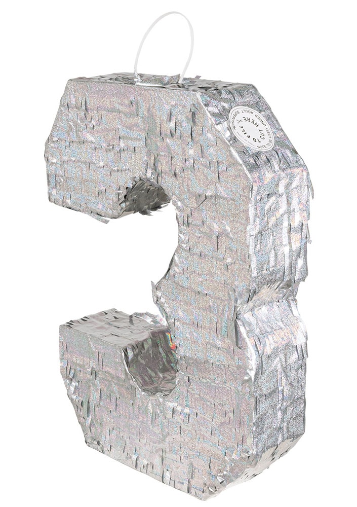 Silberne Holographische Piñata Zahl 3 - 40x28x8 cm für Geburtstagsfeiern