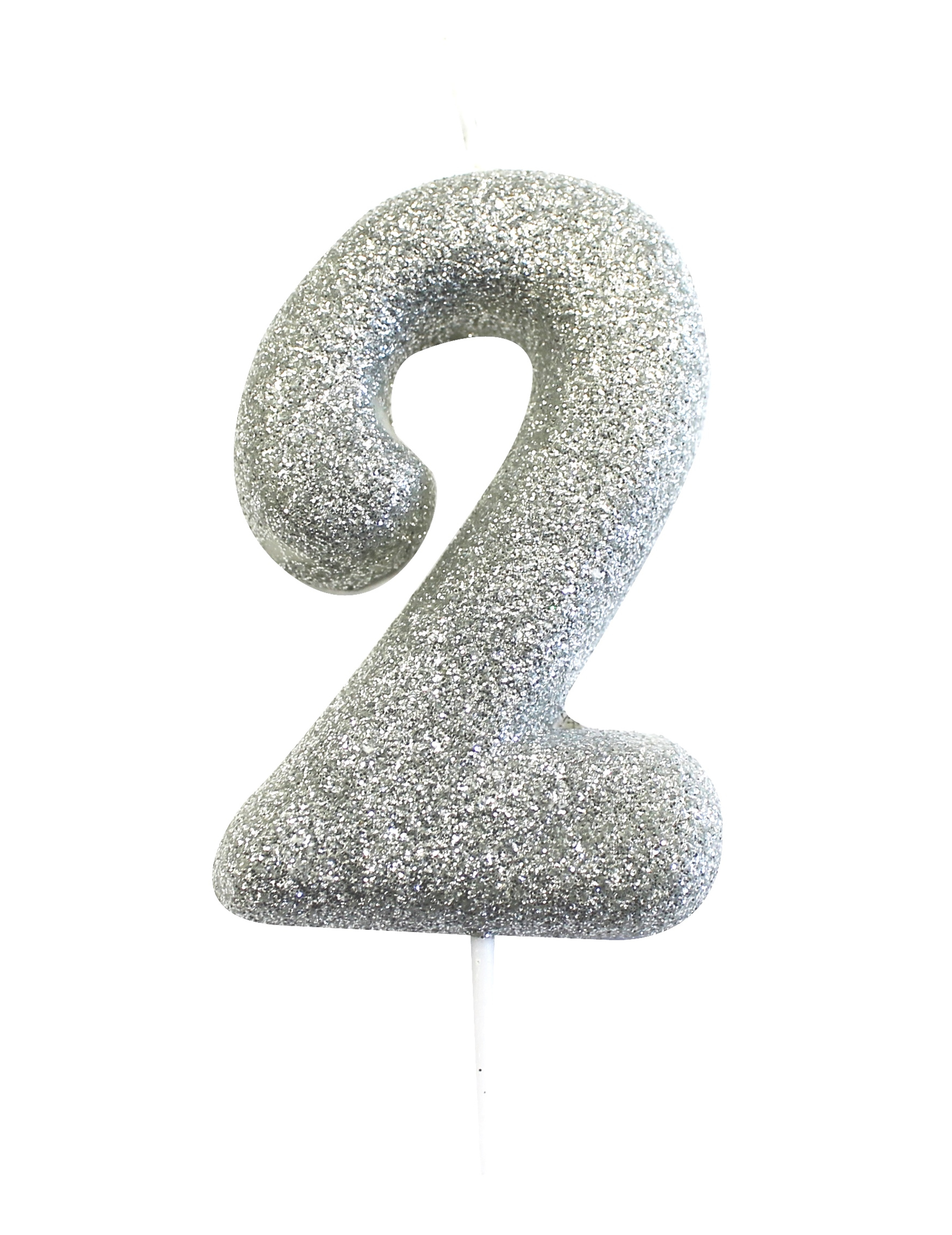 Silberne Zahlenkerze 2 mit Glitzer auf Picker 7 cm
