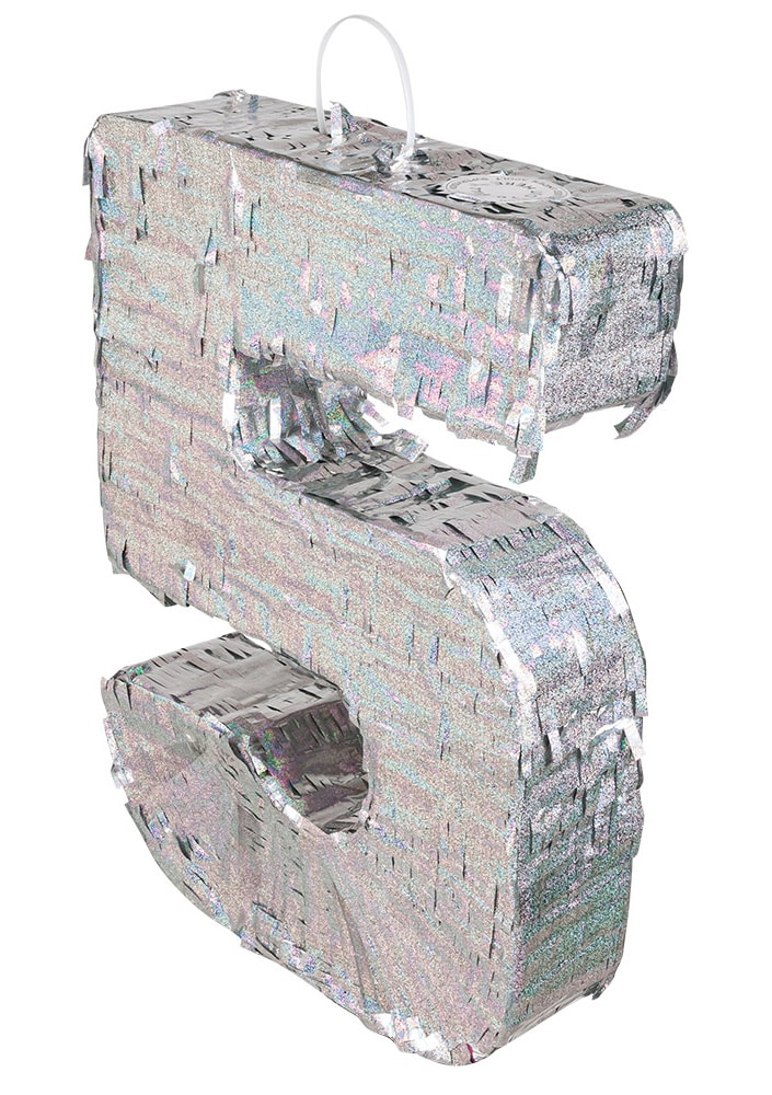 Silberne holografische Pinata Zahl 5 - 40 x 28 x 8 cm für Geburtstag