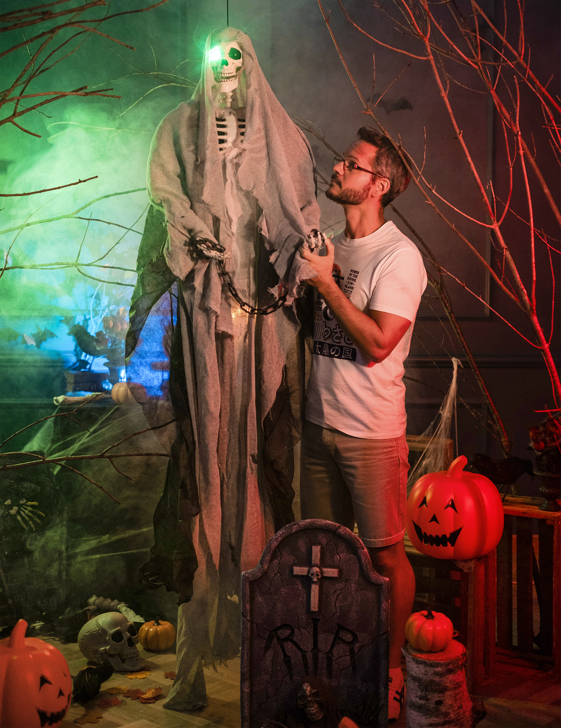 Skelett-Hängedeko Halloweendeko grau-schwarz 180 cm