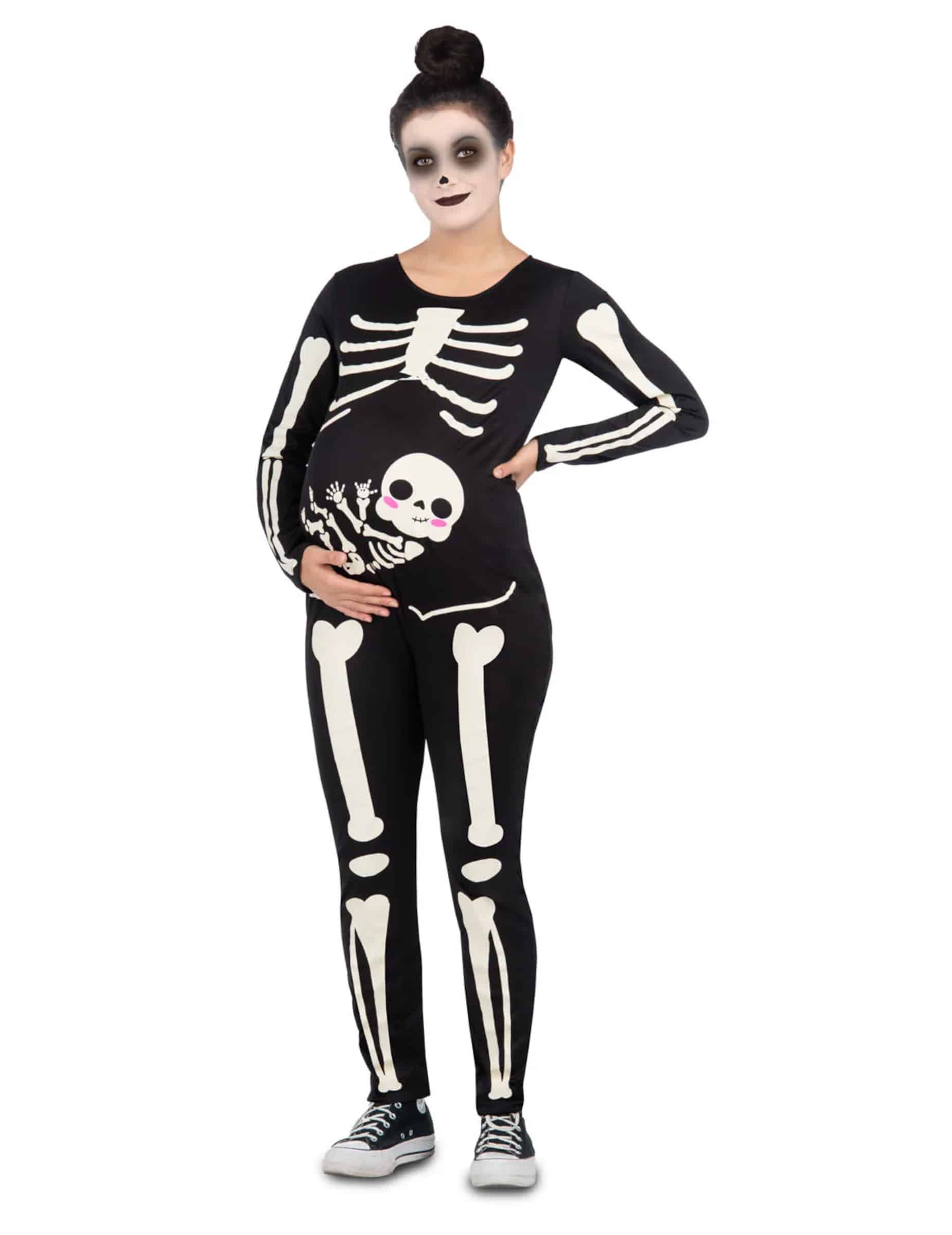 Skelett-Kostüm Overall Halloweenkostüm für schwangere Frauen schwarz-bunt