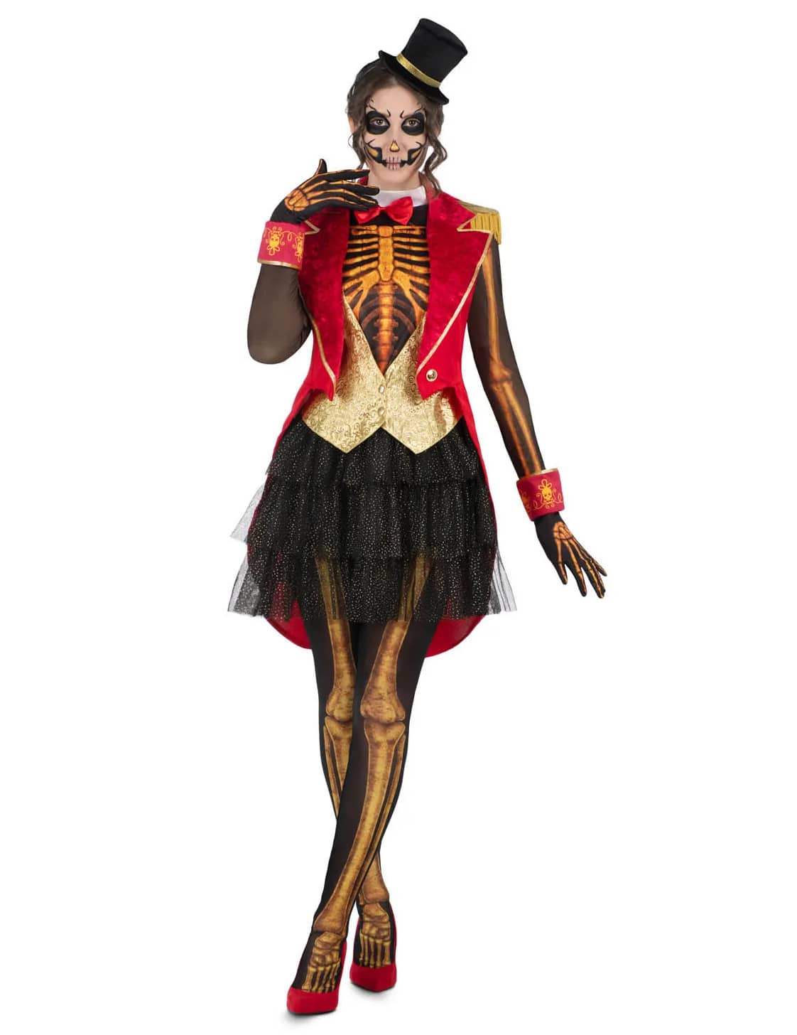Skelett Zirkusdirektorinkostüm für Damen schwarz/rot
