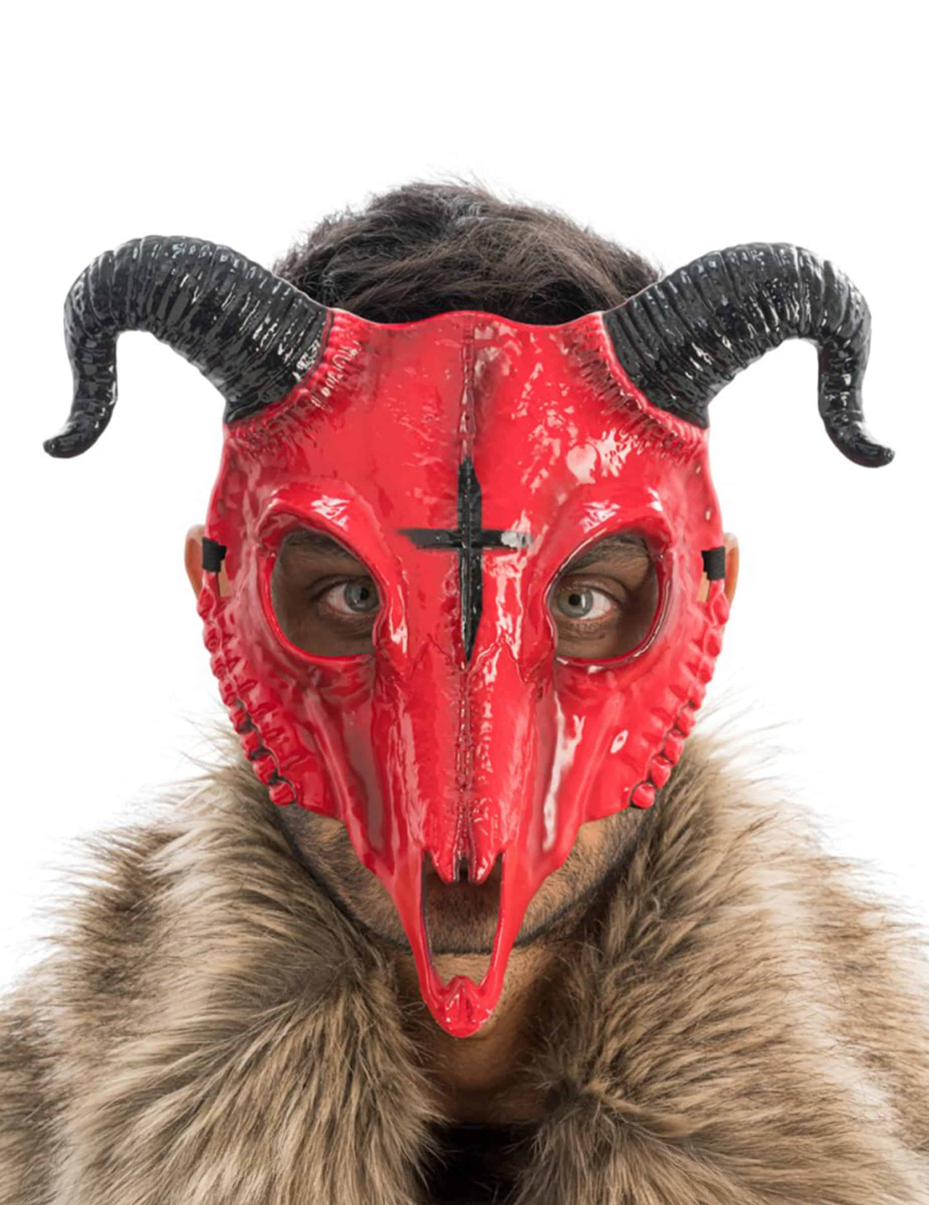 Skelettmaske in Rot mit Hörnern für Erwachsene