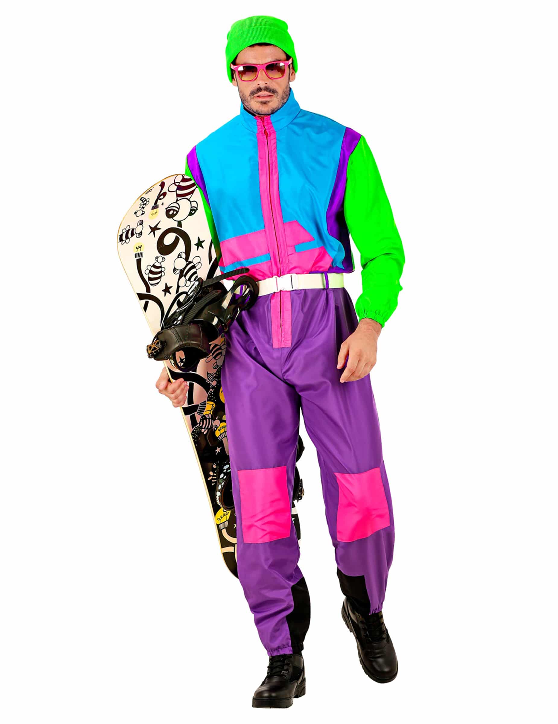 Snowboardfahrer-Kostüm Overall neonfarben für Erwachsene