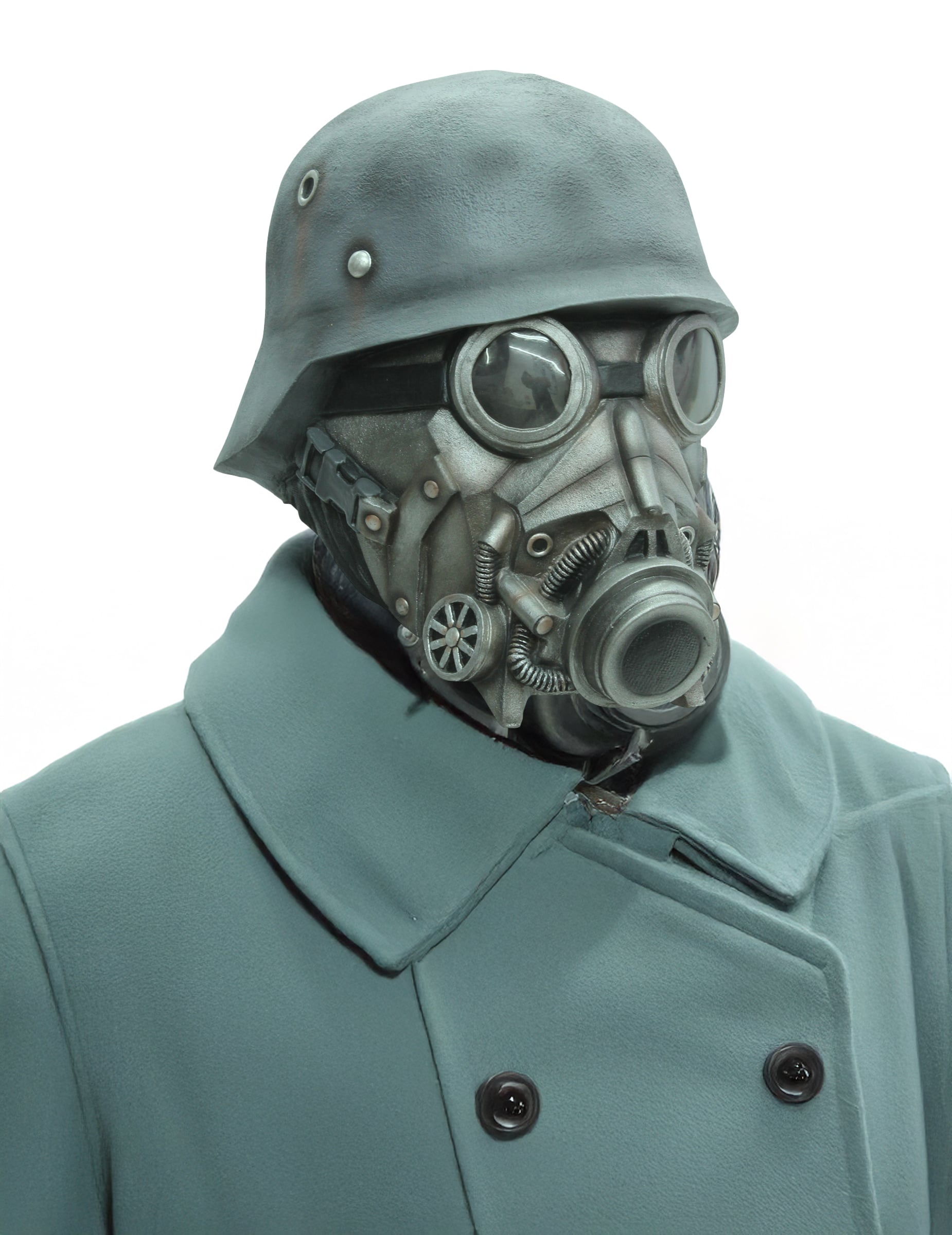 Soldat mit Helm Brille und Gasmaske Vollmaske Kostümaccessoire grautöne