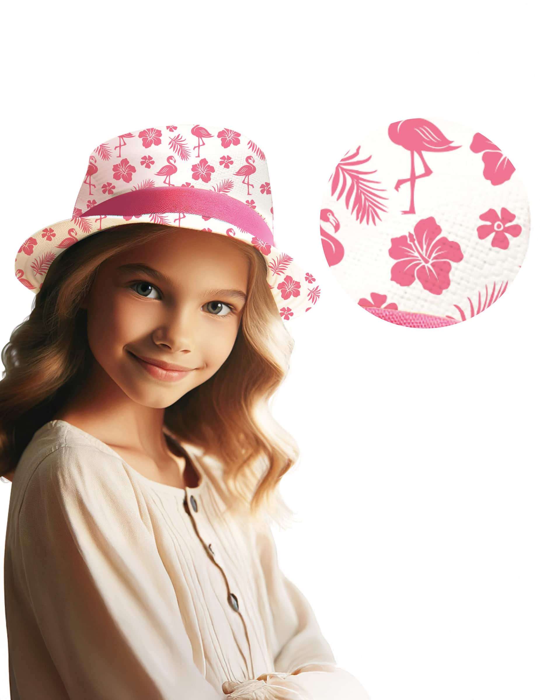 Sommerhut Kinder Flamingo für Kinder weiß mit Flamingo-Motiv